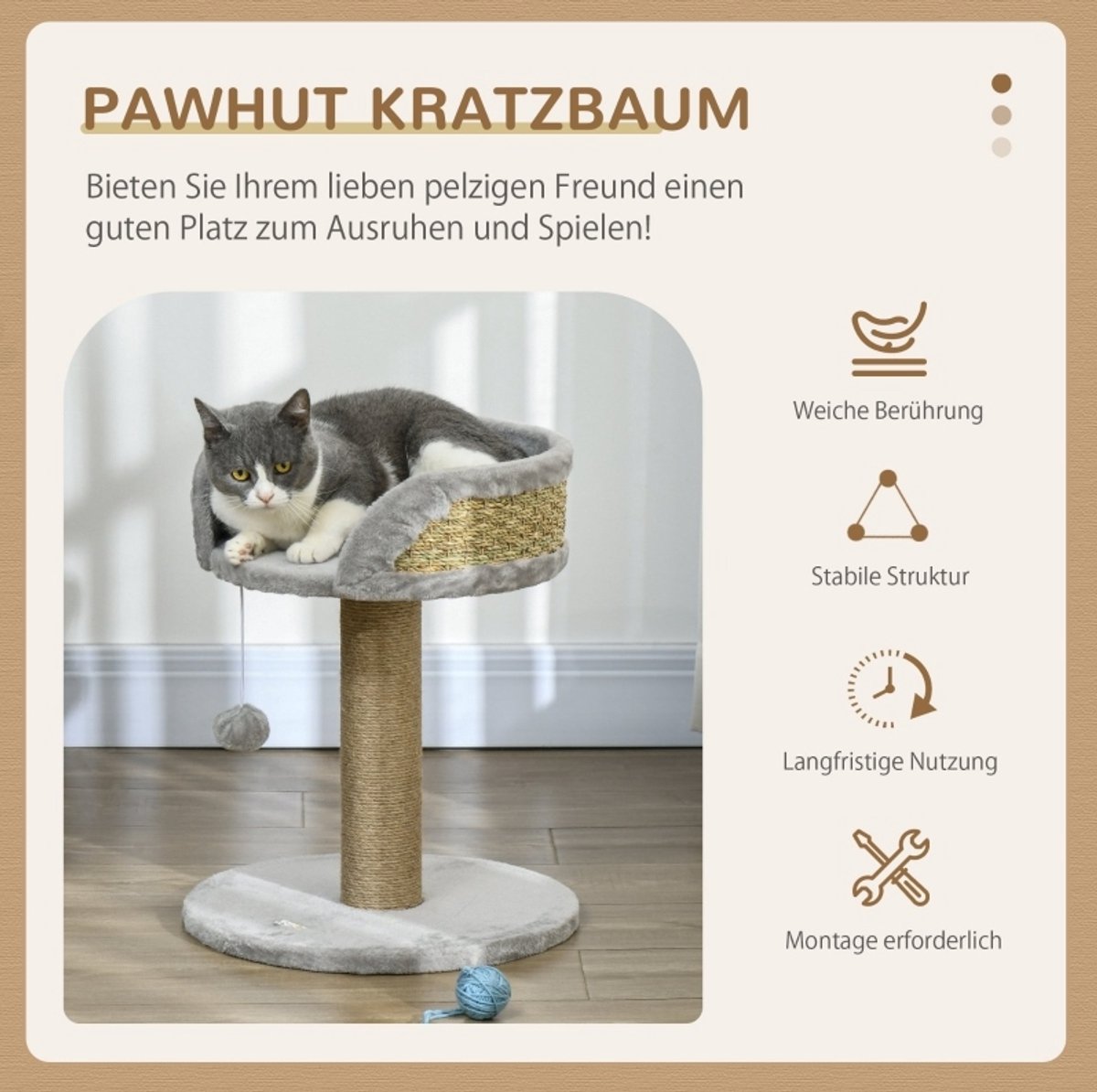 HAUSS SPOLE Krabpaal – 40 x 40 x 49 cm – Met Ligbed En Speelbal – Polyester En Pluche – Grijs – Voor Katten Tot 4 kg – Met Jutetouw