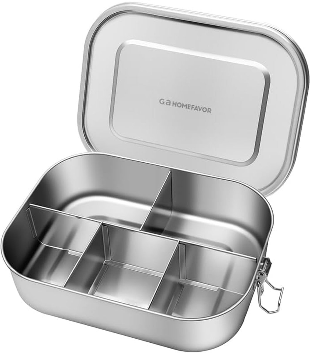 Thijox - Bento-box van Roestvrij Staal 1400 ml - Grote Lunchbox met 5 Vakken - Waterdichte Metalen Lunchbox voor Kinderen en Volwassenen - Ideaal voor