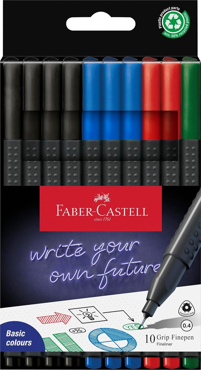 Thijox - Grip Finepen Office Set - 10 Fineliners - 0,4 mm Lijnbreedte - Zwart, Blauw, Rood, Groen - Ergonomisch, Geschikt voor Schrijven en Tekeningen