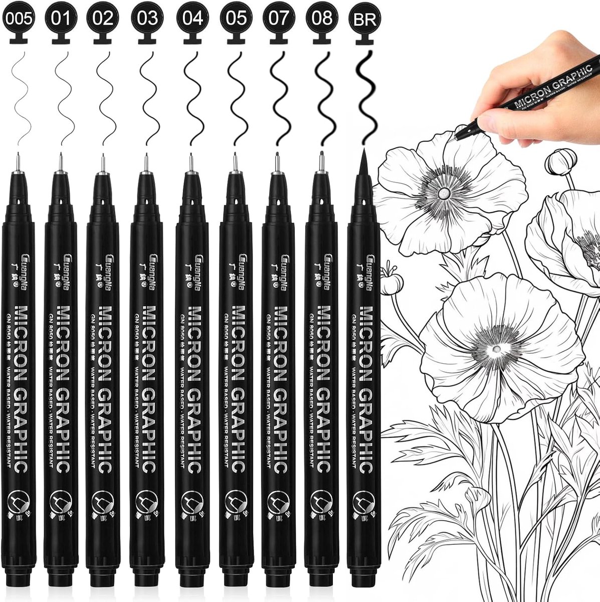 Thijox - Zwarte Fineliner Pennen Set van 9 Stuks, Waterdichte Micron Tekenpennen voor Schetsen, Illustraties, Anime en Manga, Fijne Lijnpennen voor Vo