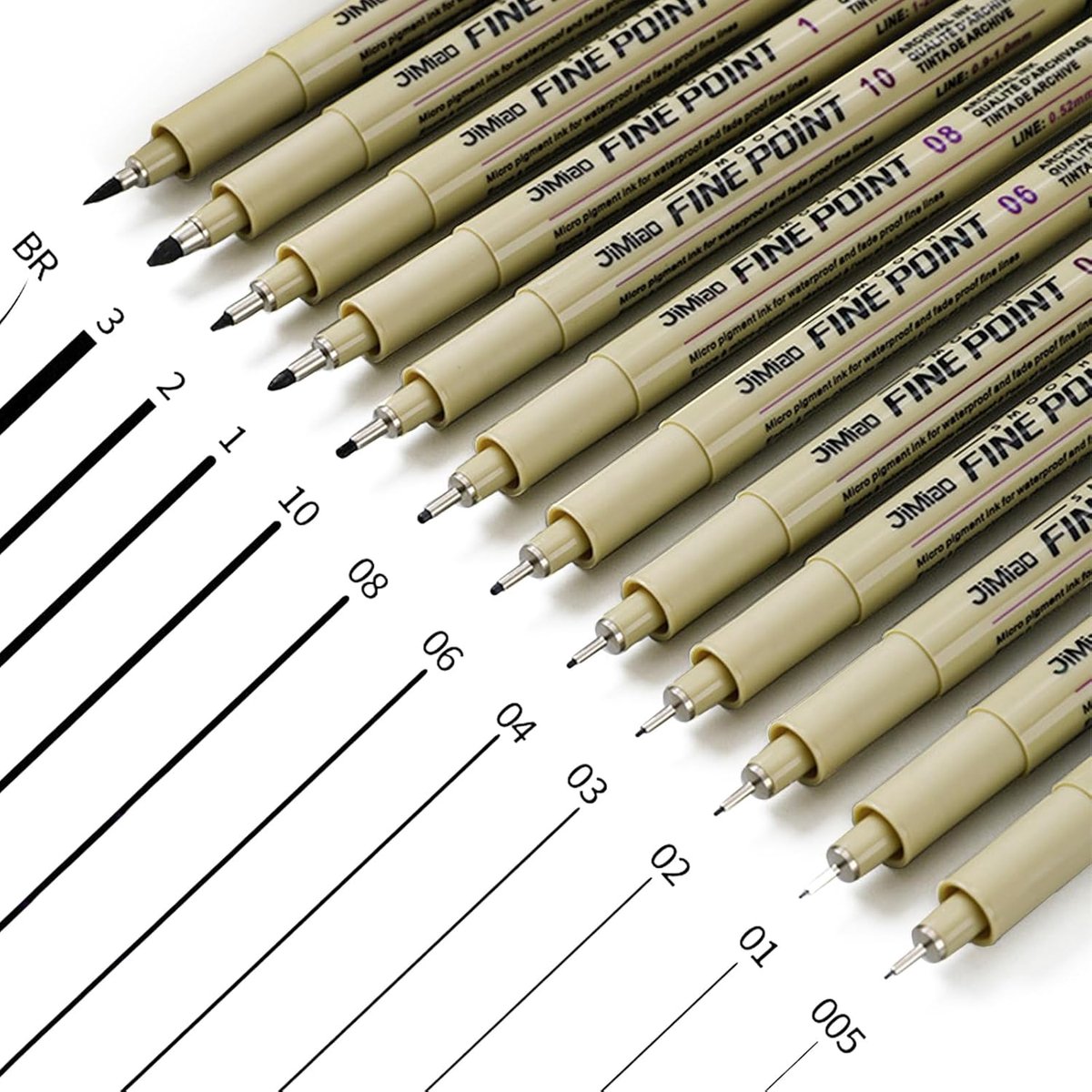Thijox - Rierousy Micron Fineliner Pennen Set 12 Stuks, Zwart, Watervast, 12 Lijnbreedtes voor Illustratie en Schetsen