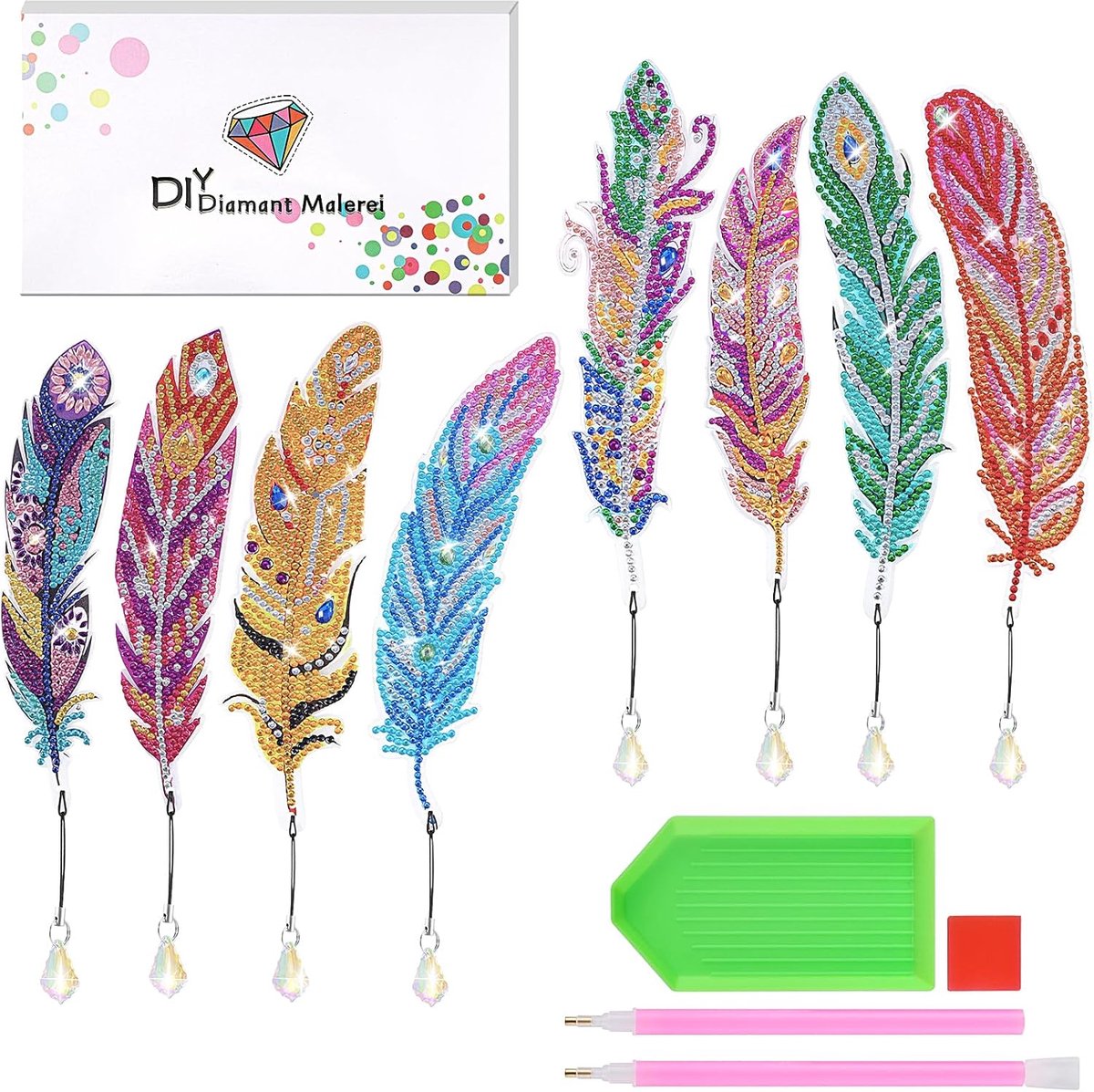 Thijox - 8 Stuks Diamond Painting Bladwijzer Set - Veer Knutselset voor Kinderen van 6-12 Jaar - DIY Boekenlegger met Diamanttekening - Veelkleurig Ac