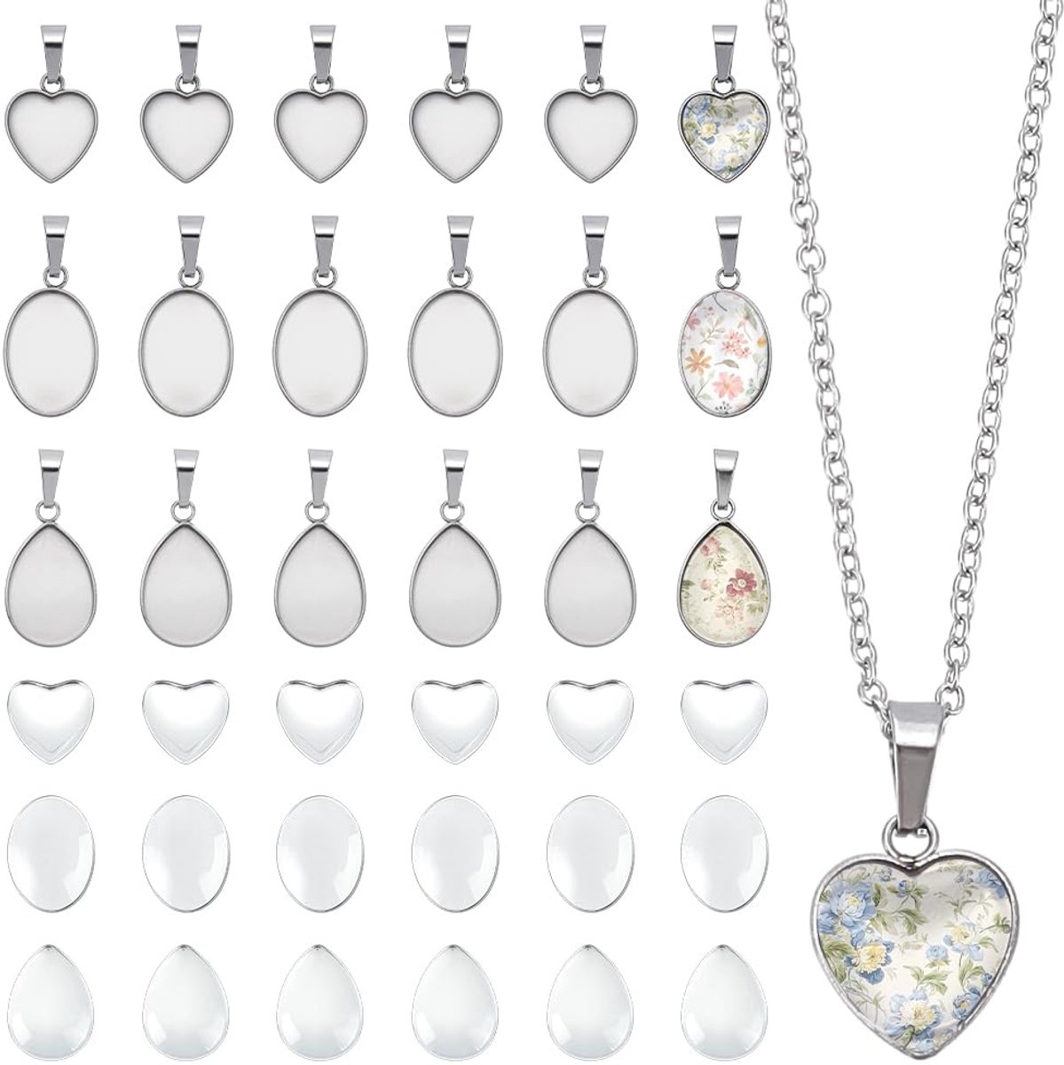 Hanger Instellingen 304 Rvs Blank Bezel Hanger Trays Ovale Teardrop Hart Base Cabochon Charm met Glas Cabochons voor Sieraden Maken
