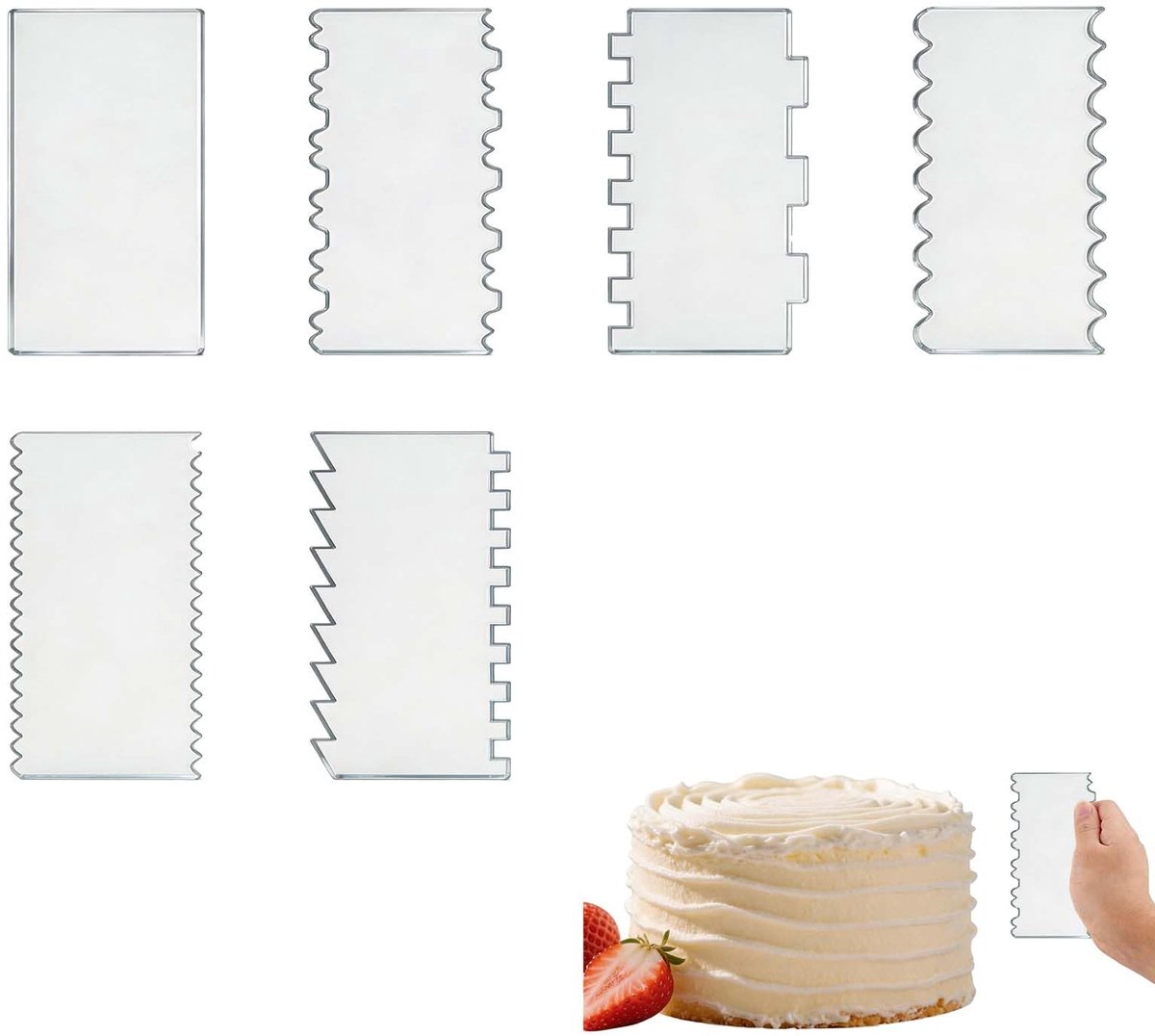 Cake krabber set 6 stuks – Transparante acryl deegschrapers 24x10 cm met verschillende patronen, ideaal voor taart decoratie, gladmaken van crème en creëren van randen