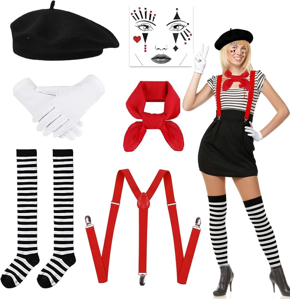 Vrouwelijk 6-delig Pantomime Kostuum met Basque Hoed, Sjaal, Handschoenen en Kousen voor Kerst, Carnaval en Cosplay Feesten
