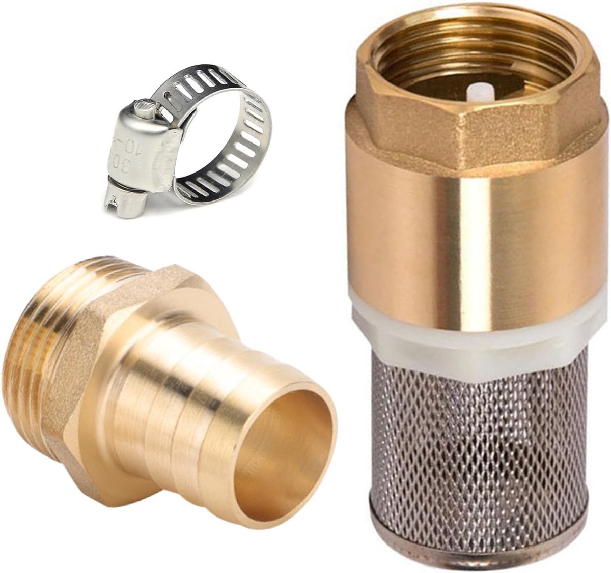 Koper terugslagklep 3/4 inch met zuigfilterset, voetklep, zuigmand, slangverbinding en slangklem voor optimale waterafvoer en -filtering