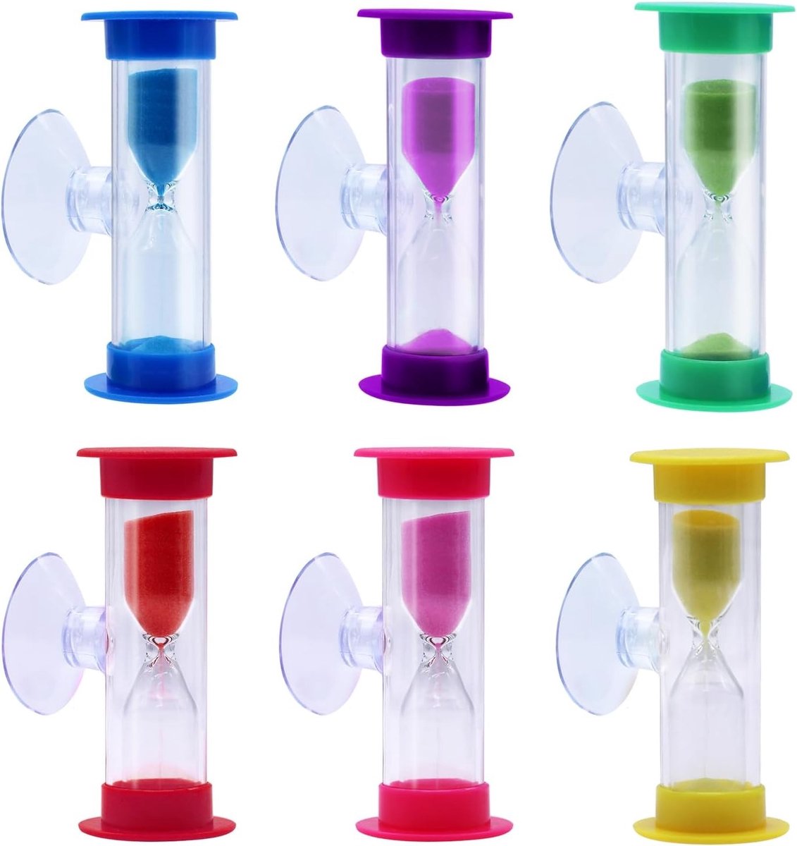 Kleurrijke zandloperset voor kinderen - 6 stuks, 3 minuten timer met zuignap, ideaal voor tandenpoetsen, spelletjes en keukengebruik