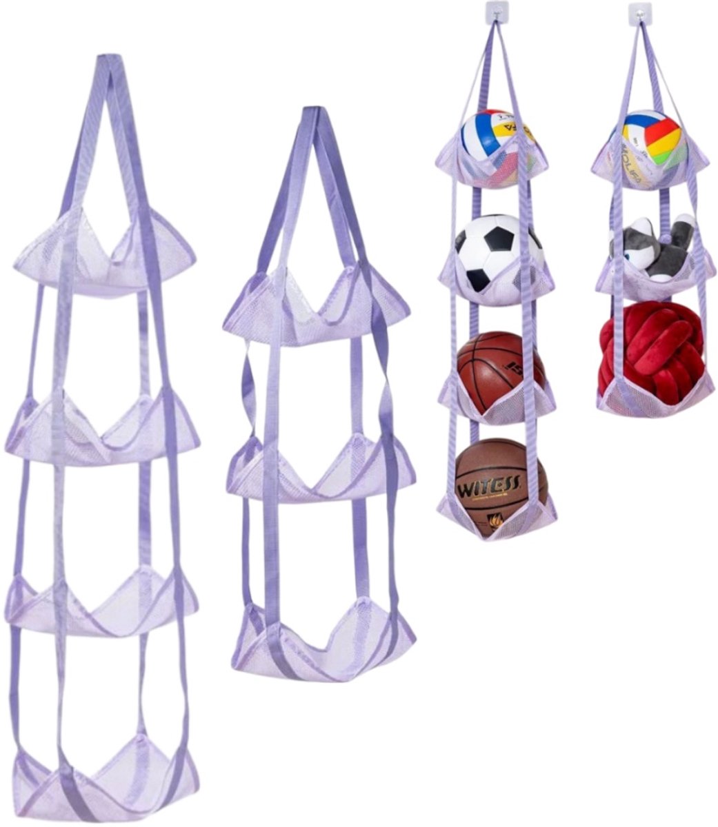 2 stuks - Opbergrek voor ballen - drielaags - vierlaags gaas - sportopbergrek - opberghanger - 30*30*110 cm - voor het opbergen van diverse balbenodigdheden thuis en in de garage - paars
