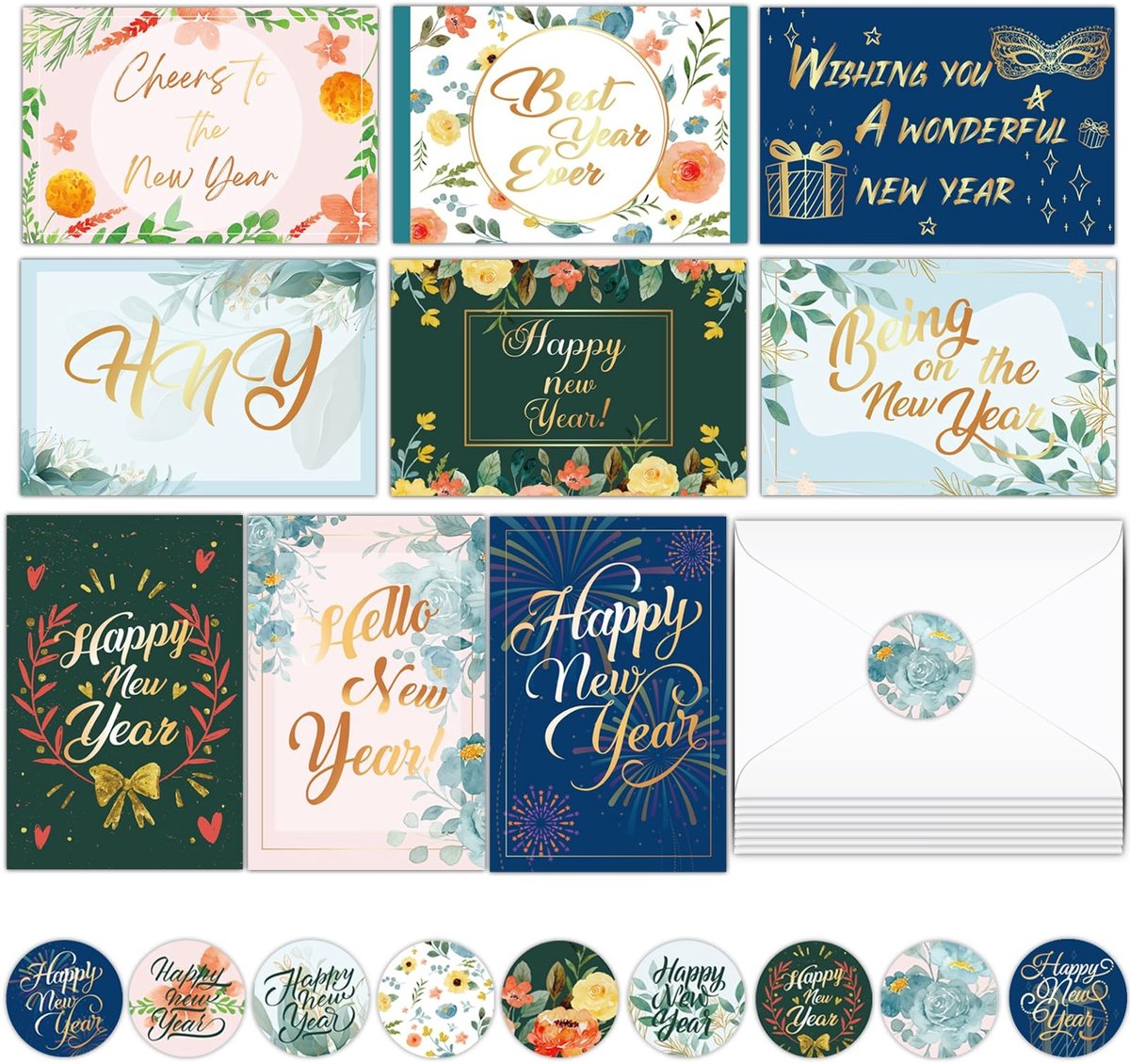 Dailygoods- Nieuwjaarskaarten 18 stuks - Gelukkig Nieuwjaar kaarten - Feestkaarten met enveloppen - Wenskaarten met stickers - Premium kwaliteit - 9 verschillende stijlen