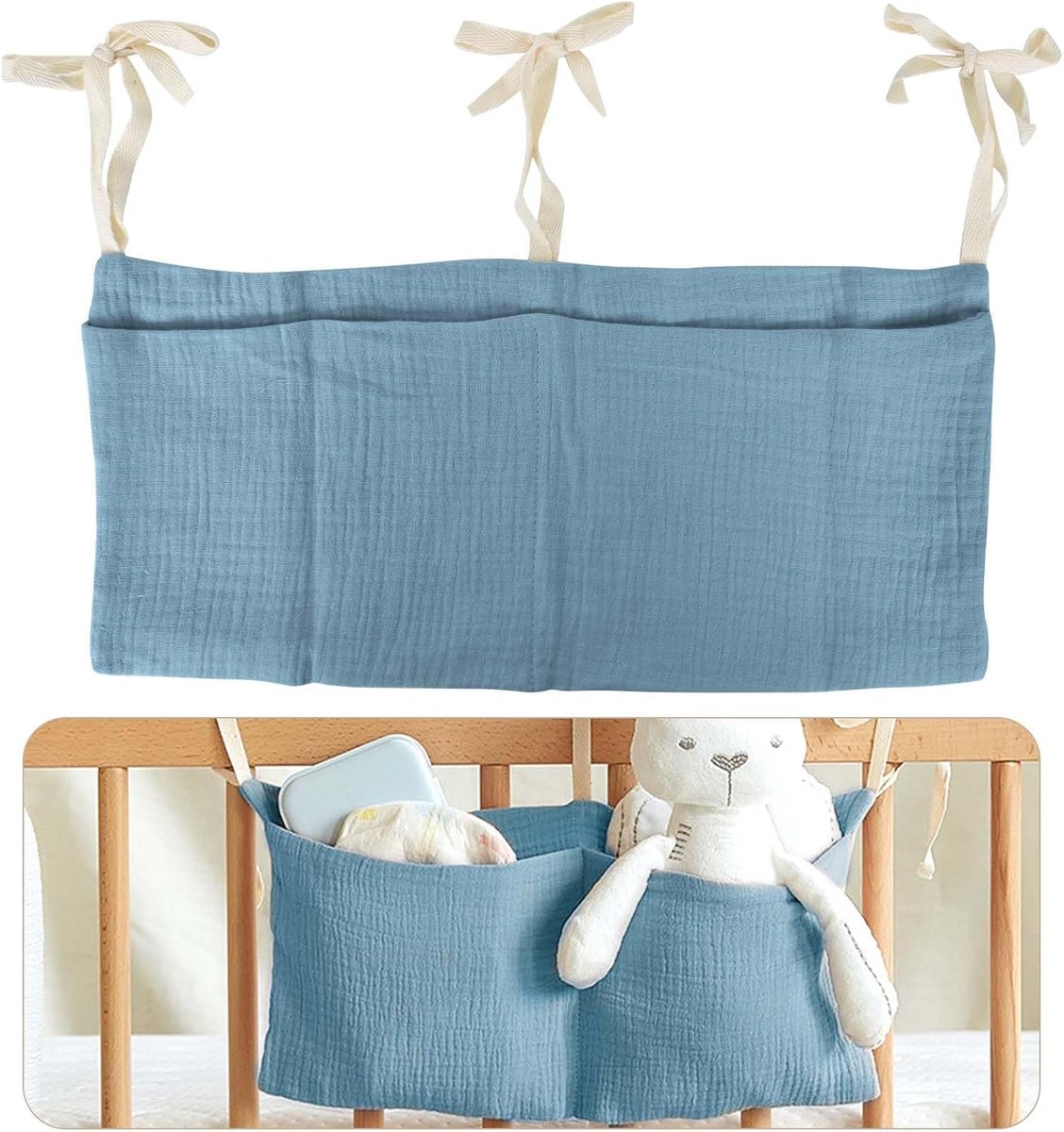 Thijox - Naapesi Baby Wieg Cabine Bedrand met 2 Hangende Opbergtassen, 100% Katoen, Luier Organizer voor Babykamer, Kleding, Speelgoed en Slabbetjes