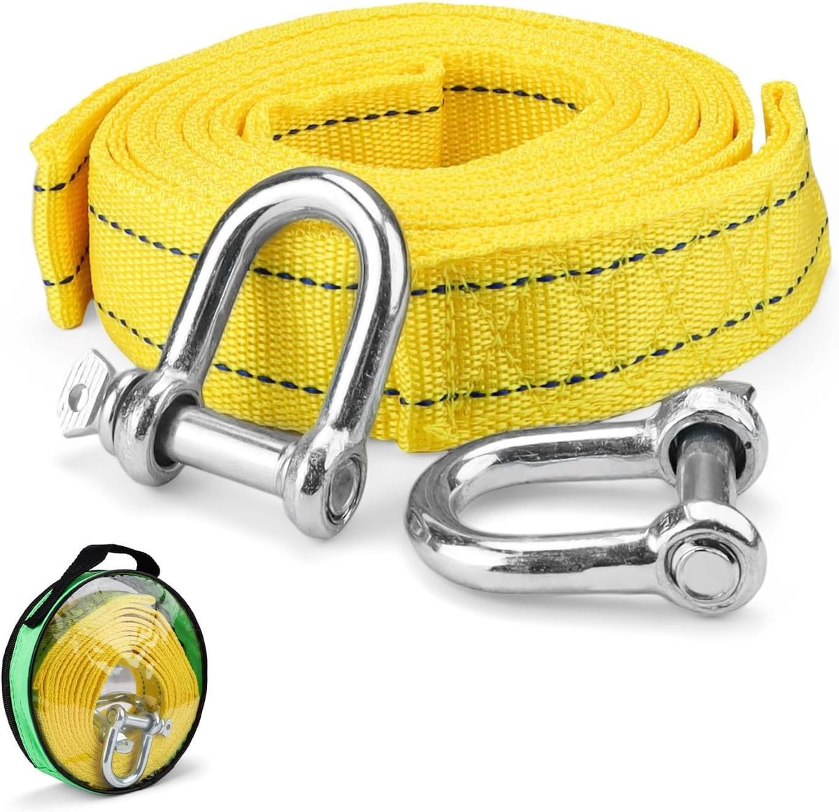 Thijox - Sleepkabel 4m x 4,3cm, 5 ton (11.000 lbs) Polyester Touw met Opbergtas en 2 U-vormige Haken, Ideaal voor Auto Berging en Towing