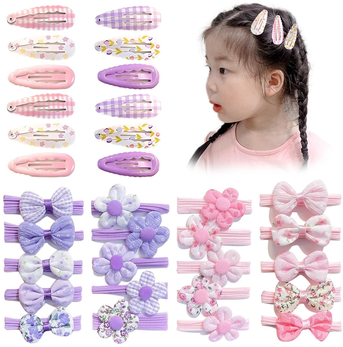 Dailygoods- Haaraccessoires 32 Stuks - Haarelastiekjes/Haarsieraden - Haarspelden - Paardenstaarthouder - Zachte Elastische - Roze/Paarse Kleuren