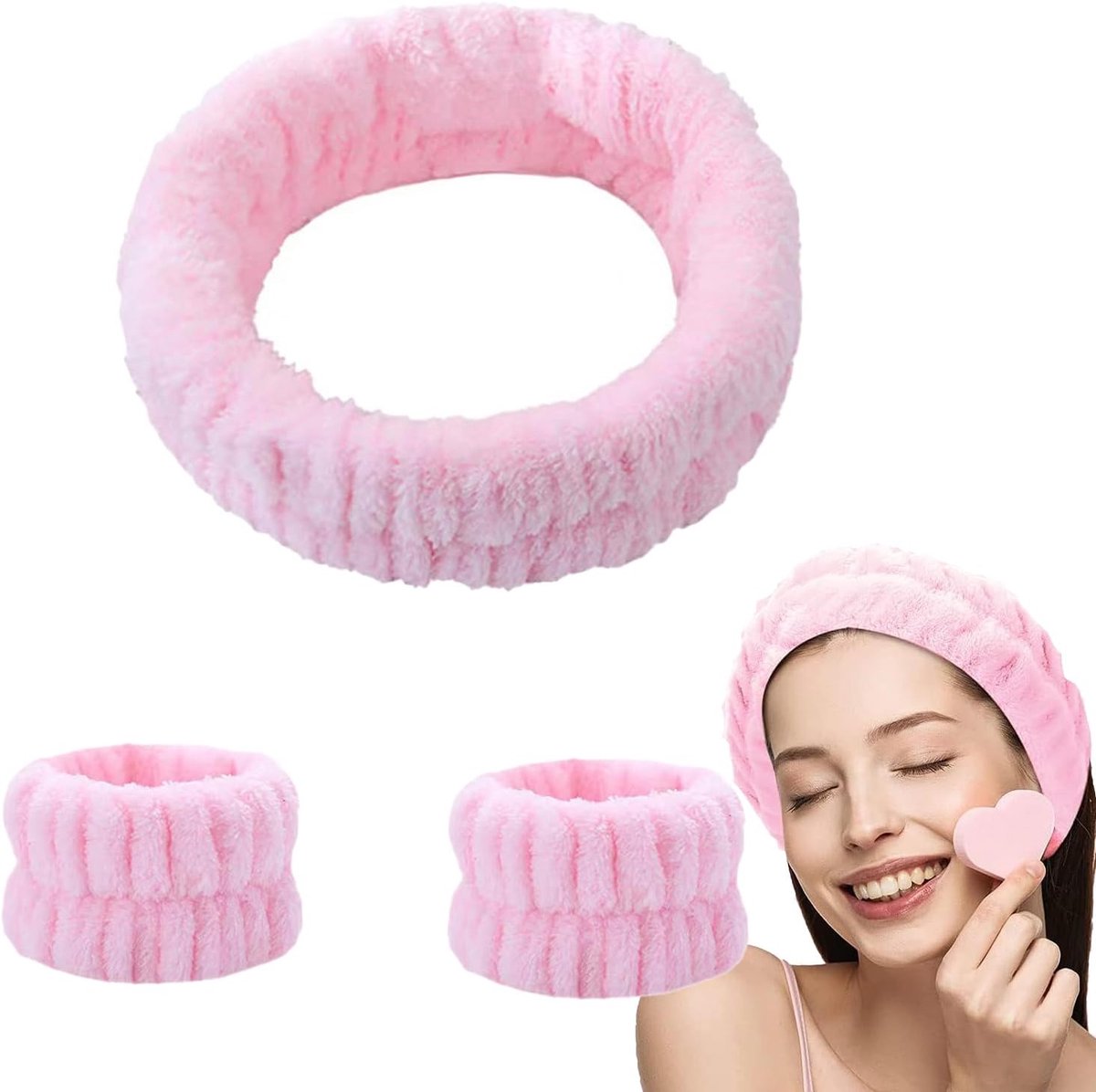 SnelShoppen - 3-delige make-uphoofdband set met haarkas en 2 gezichtswasarmbanden, koraalfleece, absorberend, voor make-up, spa, sport, yoga, douche