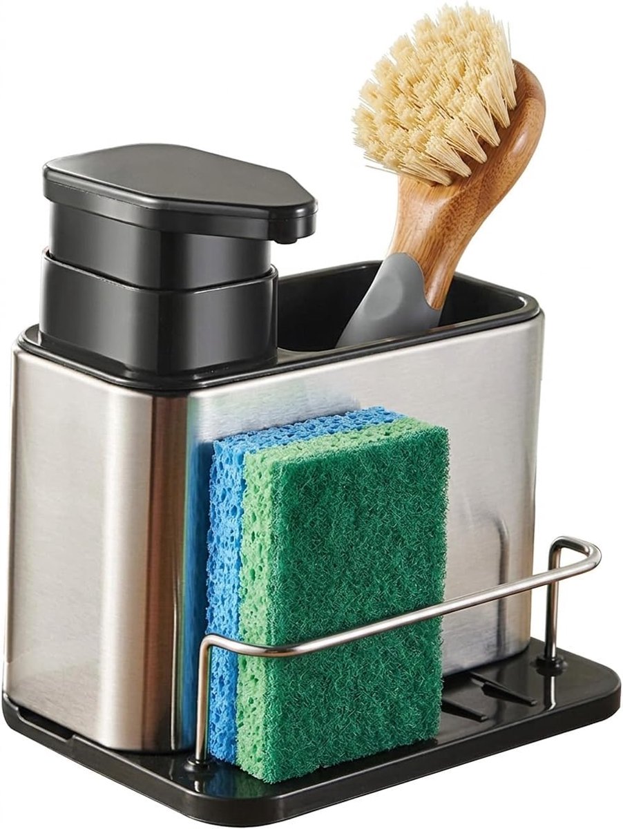 SnelShoppen - TTW Wasbak Organiser met Zeepdispenser, Keukenhouder, Schuurspons, RVS, Dispenser met Automatische Afvoer, Zeepbak voor Keuken, 3-in-1 D
