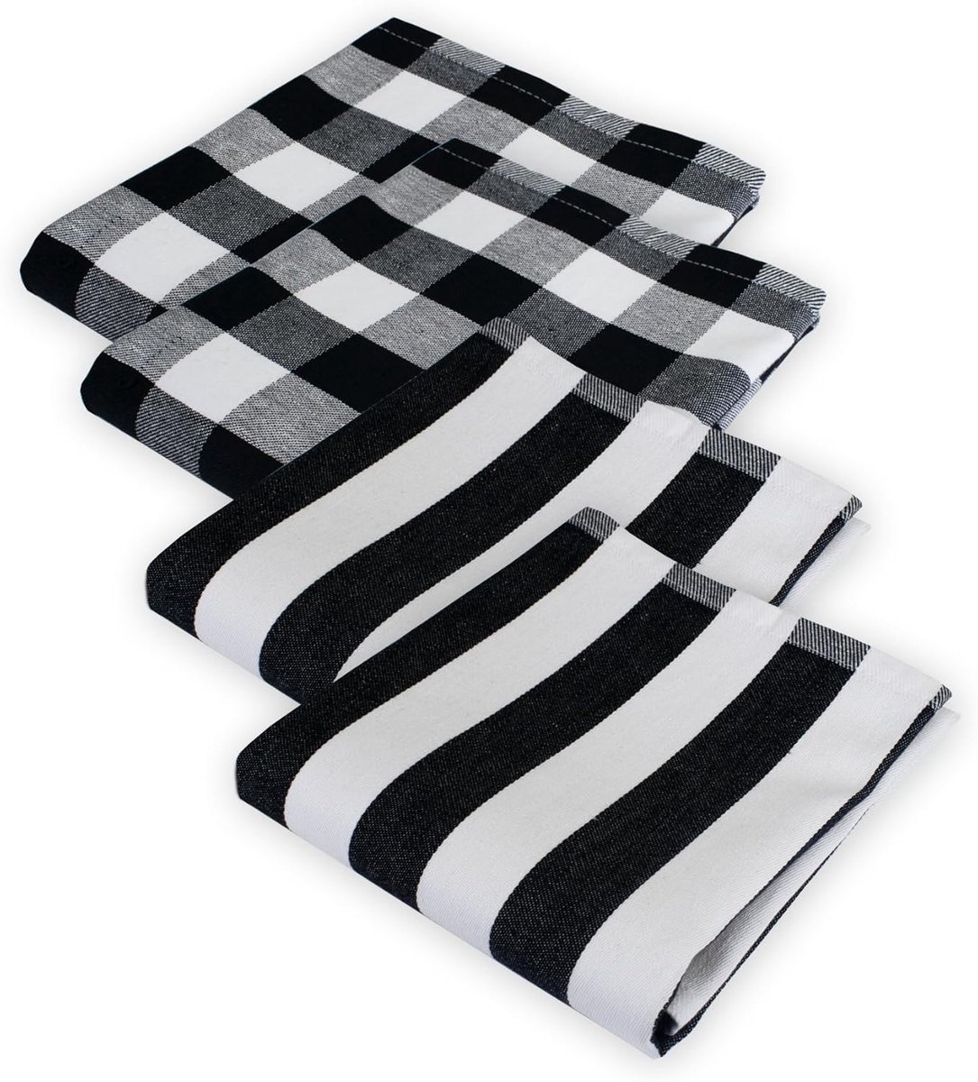SnelShoppen - Vaatdoeken Set van 4 - Keukendoeken 50x70 cm - 100% Katoen - Zwart Wit Geruit en Gestreept - Ideaal voor Koken en Droogmaken