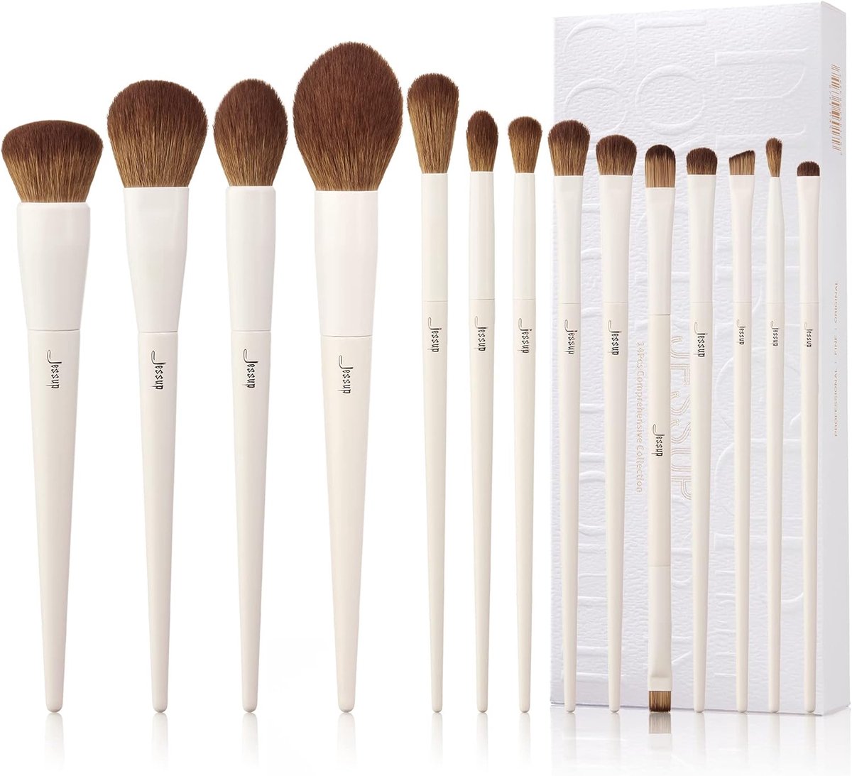Thijox - 14-delige Vegan Make-up Kwastenset voor Foundation, Oogschaduw, Poeder, Contour, Blush en Concealer - Synthetische Lichtgrijze Make-up Borste