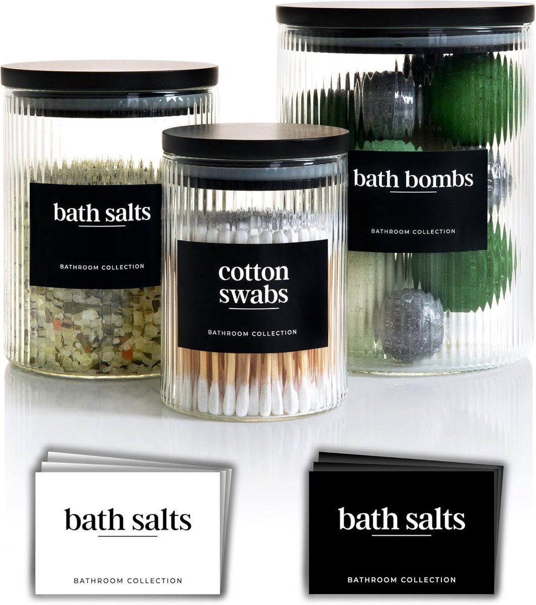 SnelShoppen - Geribbelde Glazen Badkamer Potten & Lade Set van 3 | Luchtdichte Bamboe Deksels voor Katoenen Pads, Wattenstaafjes, Badzout | Luxe Badka