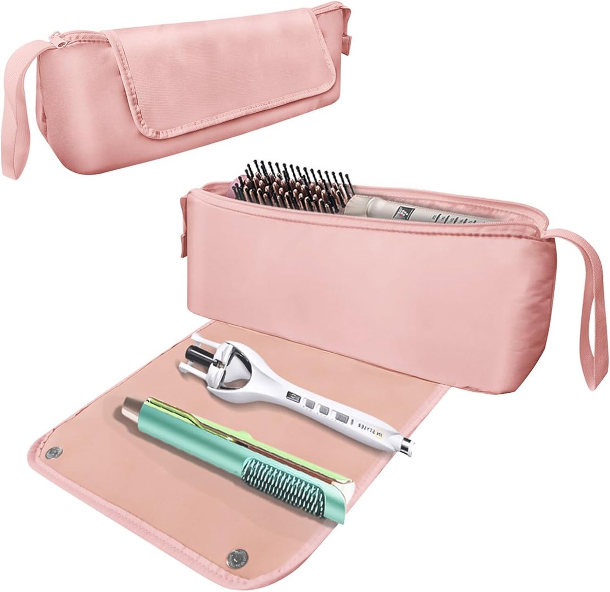 Draagbare Reisorganizer en Hittebestendige Mat, Ideale Reisbenodigdheden voor Vrouwen, Haartools Opbergzak als Cadeau voor Frequent Reizigers (Roze)