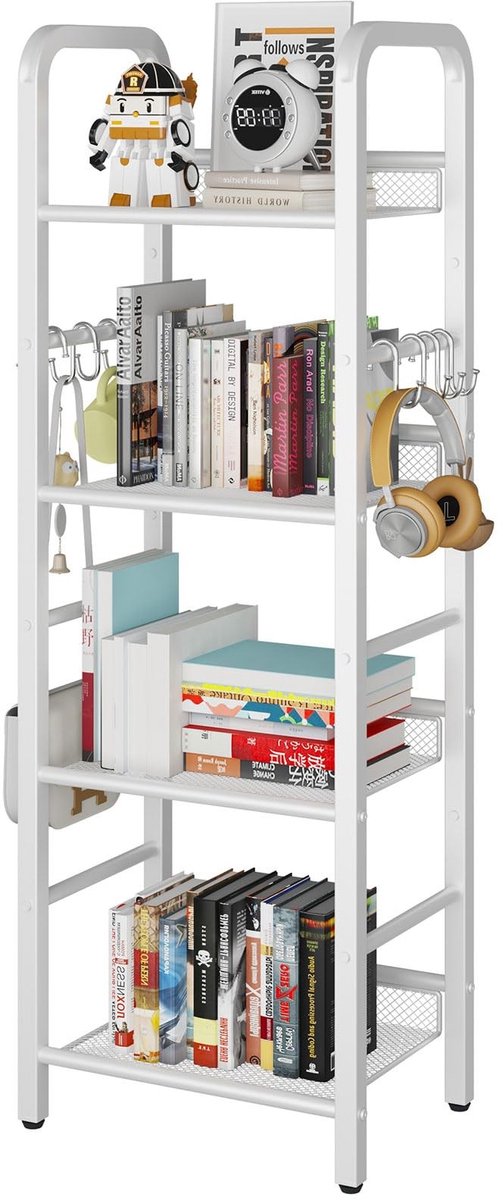 Inovra - YMYNY HBC054W Boekenkast, opbergrek met 4 niveaus, 8 stuks S-haken, metalen frame, vrijstaand, minimalistische stijl, organizer voor woonkamer, thuiskantoor, slaapkamer, badkamer, wit