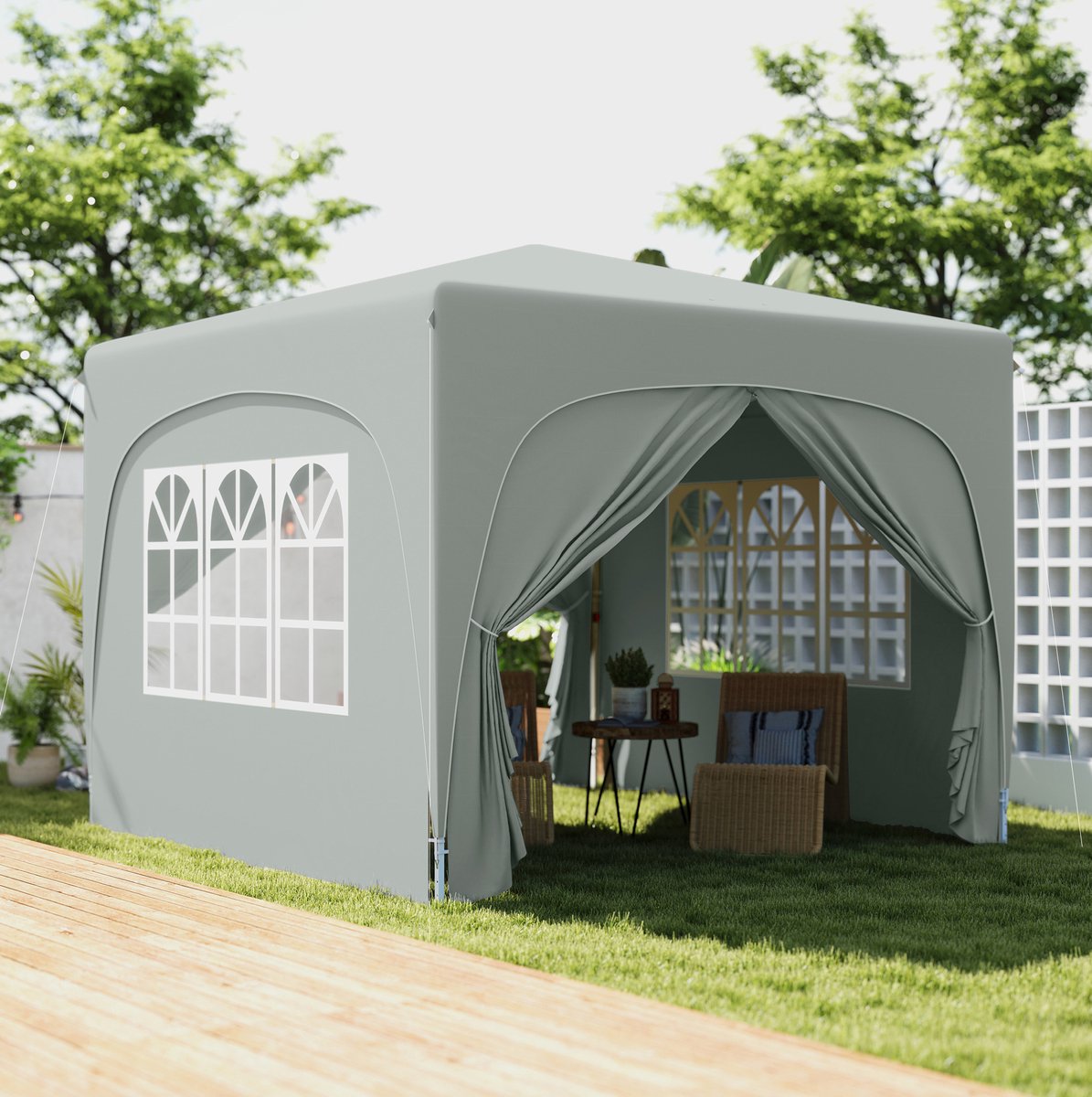 MEUNIQ partytent paviljoen 3x3 m met 4 zijwanden, opvouwbaar en waterafstotend, UV 50+, verstelbare hoogte, met ramen, deuren, draagtas voor tuin en camping, lichtgrijs