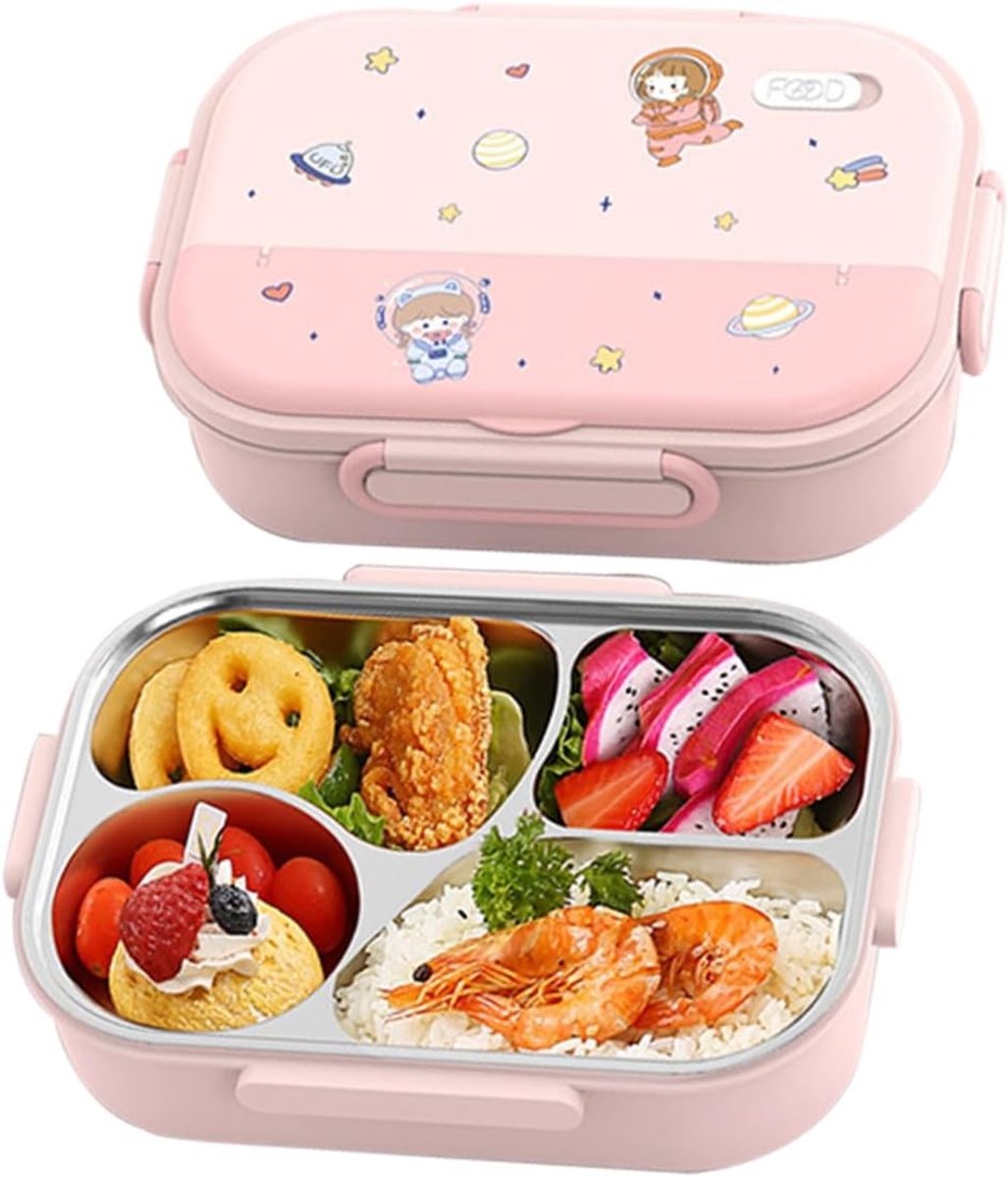 Lunchdoos voor Kinderen met Schattig Ontwerp, Ideaal voor School, Voedselcontainer met 4 Compartimenten en Duurzaam Materiaal (Roze)