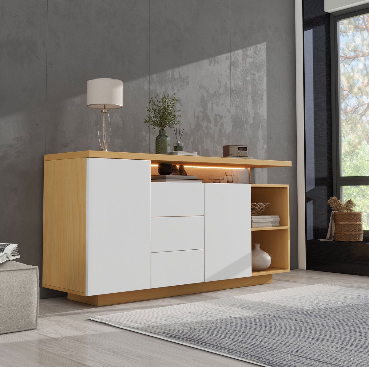 MEUNIQ dressoir 140 x 40 x 70 cm met 2 deuren, 3 lades, 2 open vakken en LED-verlichting, wit en licht eiken, opbergkast voor woonkamer of eetkamer