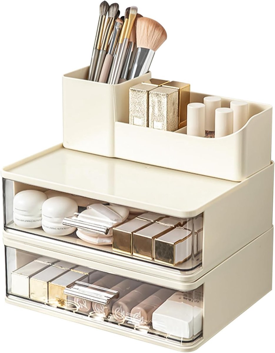 Make-up Organizer met 2 Lades, Stapelbare Cosmetic Organizer met Borstelhouder, Plastic Badkameropberger voor Schoonheidsproducten, Oogschaduw en Crèmes