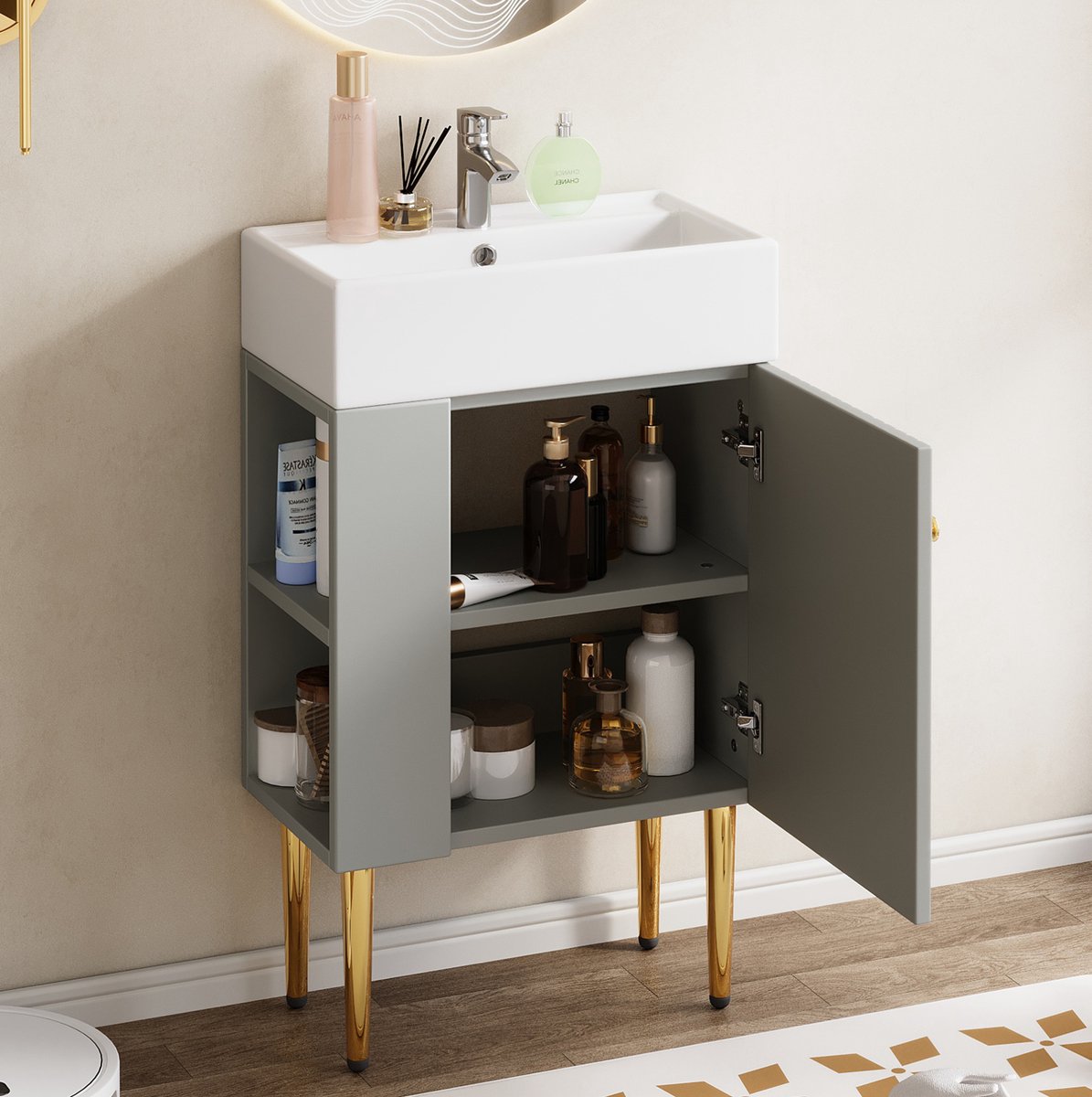 FloraGrace Badkamerkast Met Wastafel - Compact Staand Model Met Opbergruimte En Open Vakken - Voor Kleine Badkamer Of Gastentoilet - MDF - 55x31x91,5 Cm - Grijs Wit