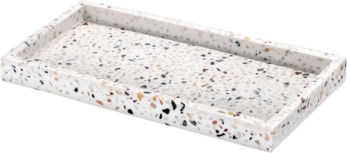 Badkamer Organiser Tray van Kunsthars, 8 x 4 inch, Ideaal voor Zeepdispenser, Parfum en Handdoeken, Terrazzo Design voor een Opgeruimde Badkamer