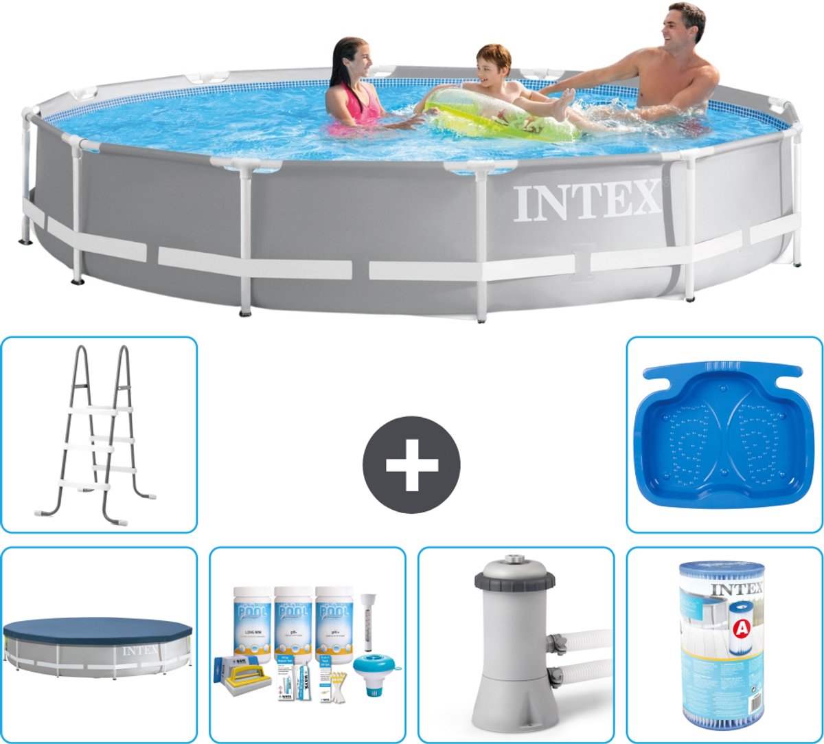 Intex Rond Prism Frame Zwembad - 366 x 76 cm - Grijs - Inclusief Afdekzeil - Onderhoudspakket - Zwembadfilterpomp - Filter - Ladder - Voetenbad - 7-delig