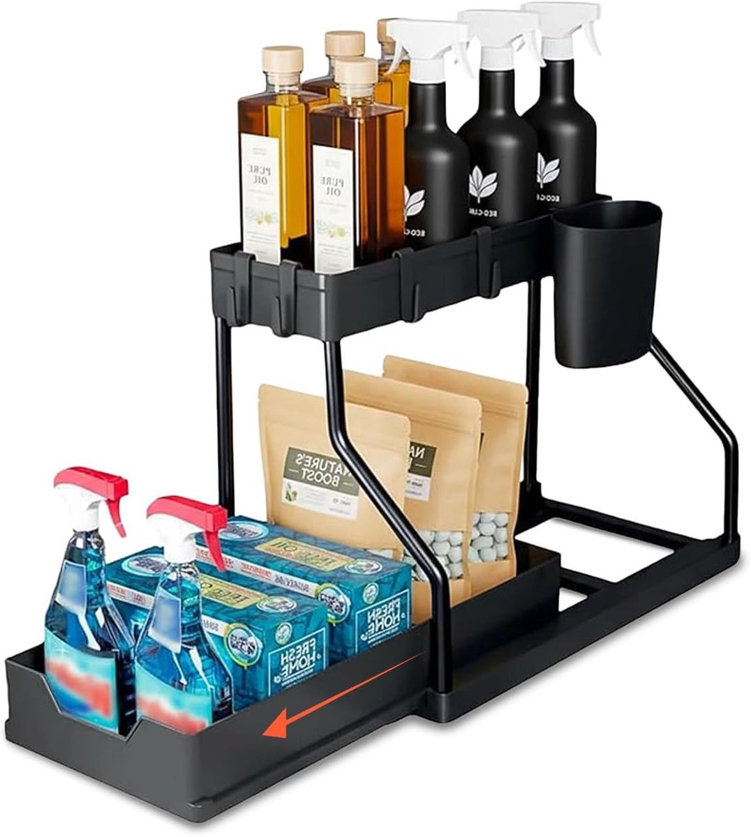 gootsteenkast organizer uitrekbaar - Keukenorganiser - Uitbreidbaar - Twee niveaus - Met zijbakje en 4 haken - Voor Keuken en Badkamer