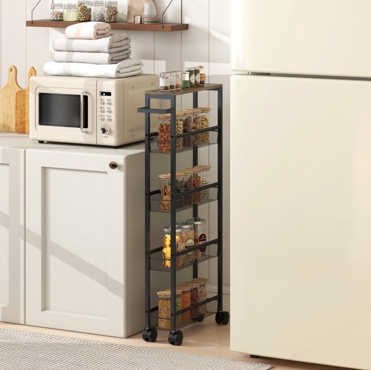 MEUNIQ smalle keukentrolley 47 x 13 x 96,5 cm met 5 niveaus, 4 mesh manden, werkblad in houtlook, wielen met rem en geïntegreerde greep voor keuken of badkamer, zwart
