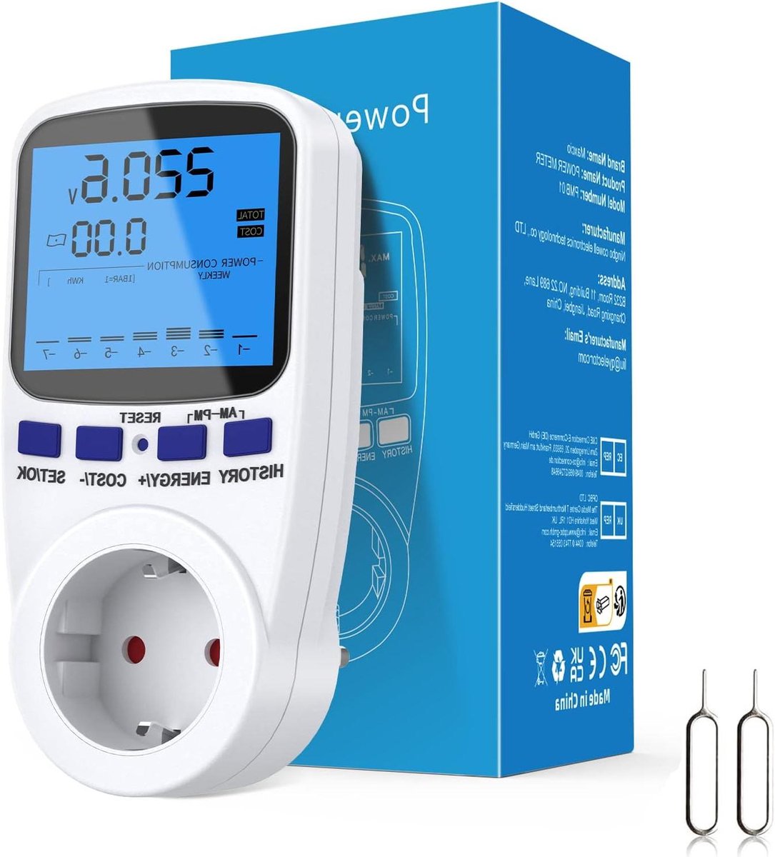 Stroomverbruikmeter - Energiekostenmeter - Energie Besparen - Dubbel Tarief Functie - 7 x 7 x 15 cm - Wit