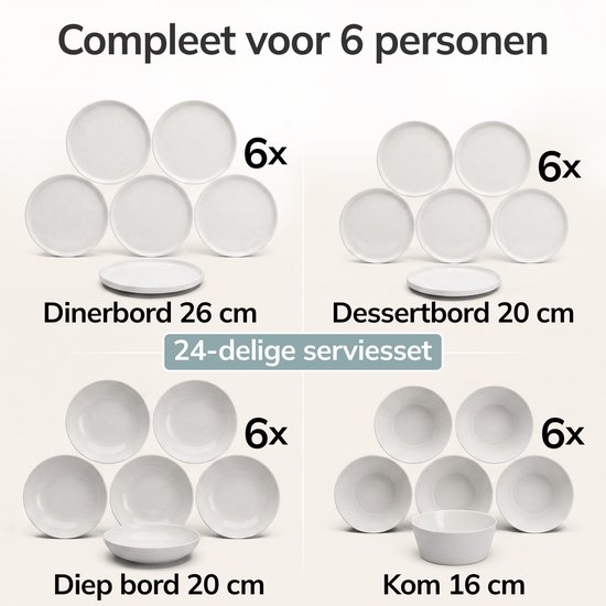 24-delig servies voor 6 personen: 6 dinerborden 26 cm, 6 dessertborden 20 cm, 6 diepe borden 20 cm, 6 kommen 16 cm.