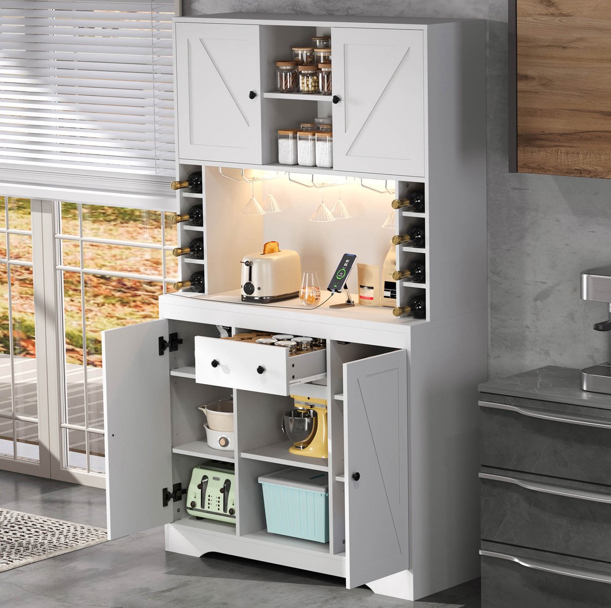 MIVRAY Buffetkast - Hoge Keukenkast Met Verstelbare Planken, Lade En LED Verlichting - Voor Keuken En Eetkamer - MDF - 105x40x180 Cm - Wit