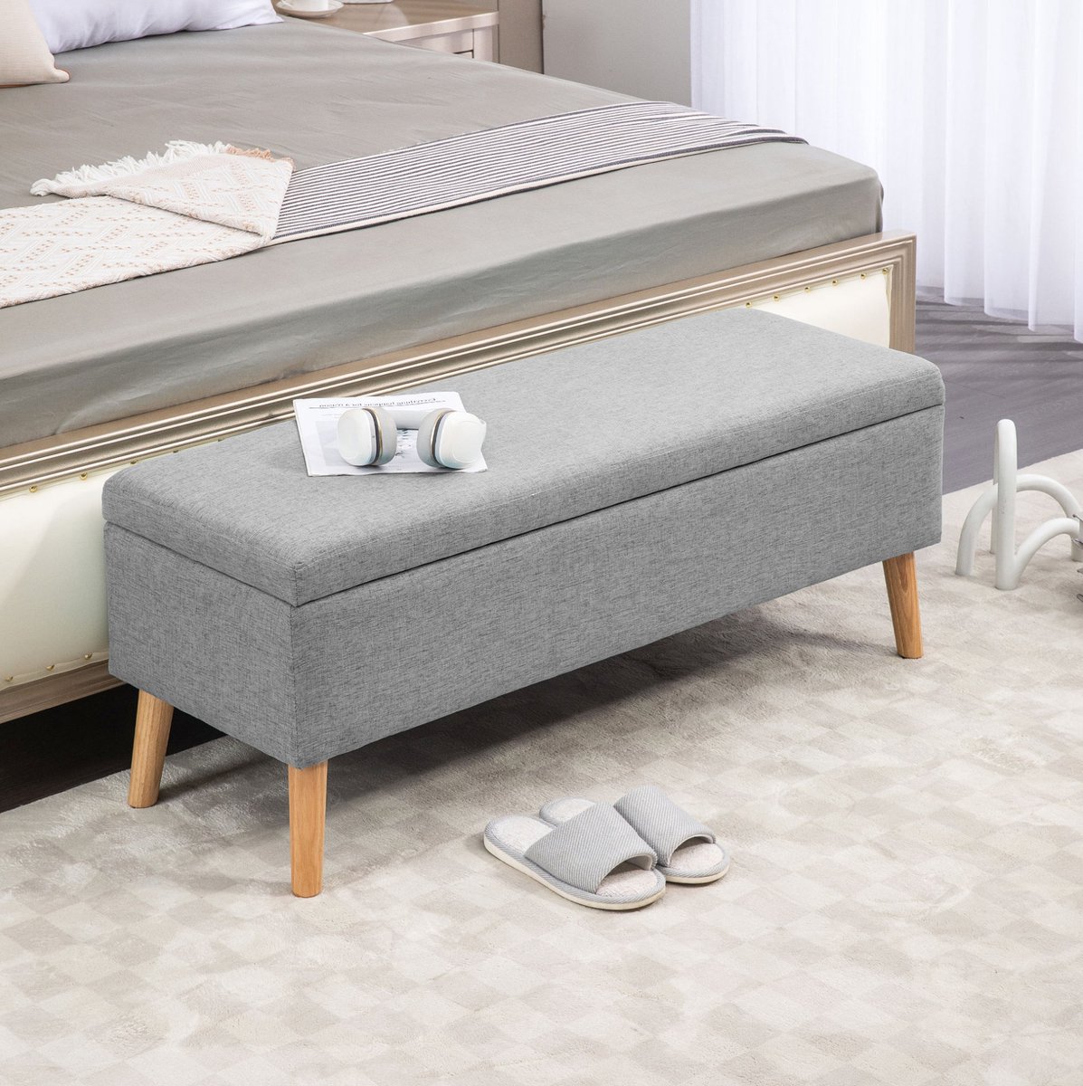 MEUNIQ zitbank met opbergruimte 110 x 39 x 45 cm, grijze gestoffeerde opbergbank met linnenlook, houten poten, Scandinavische bank voor hal slaapkamer woonkamer