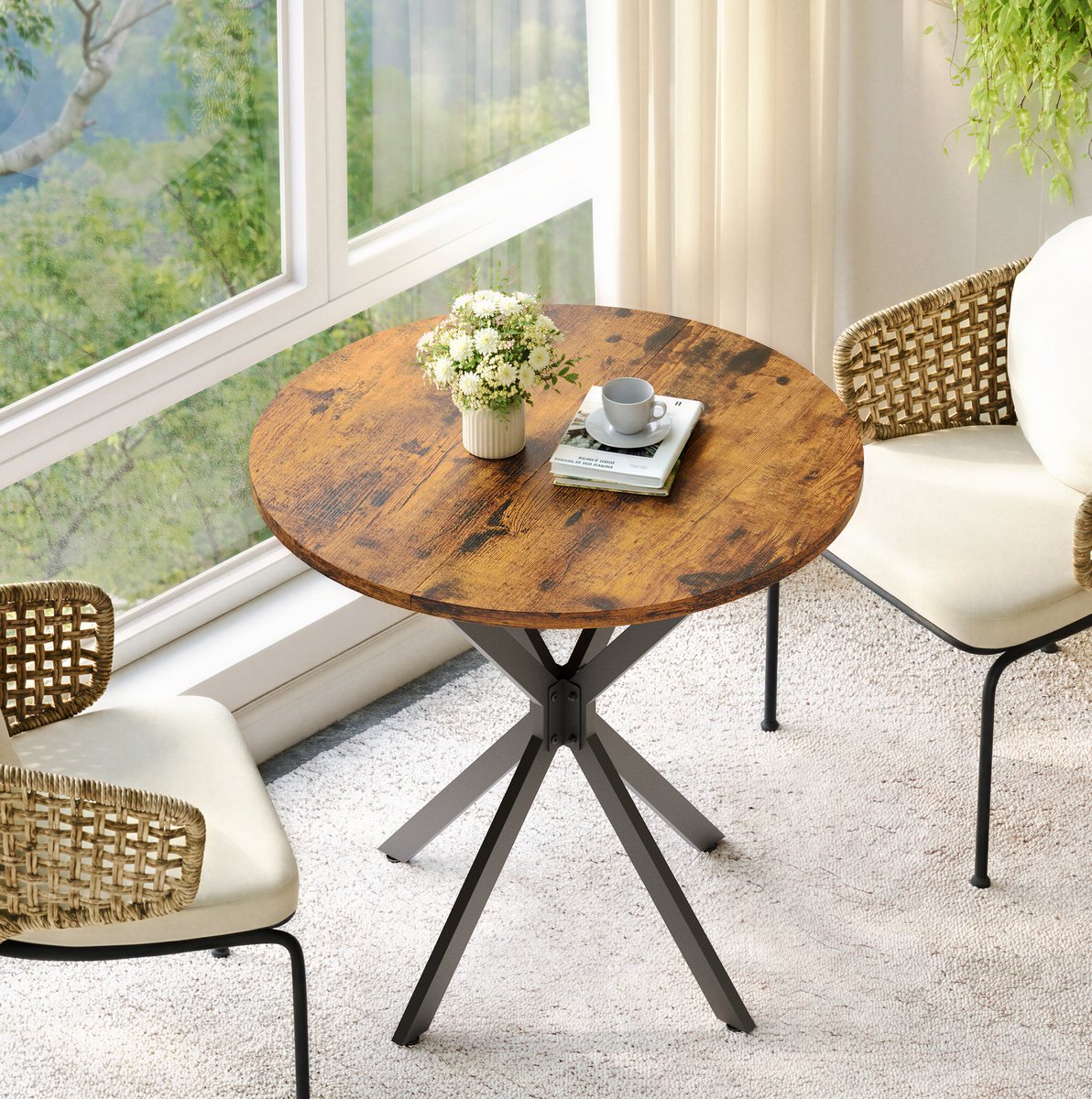 MIVRAY Eettafel - Ronde Tafel Voor 2 Personen Met Verstelbare Voeten - Voor Keuken En Homeoffice - Spaanplaat En Metaal - 80x80x75 Cm - Bruin Zwart