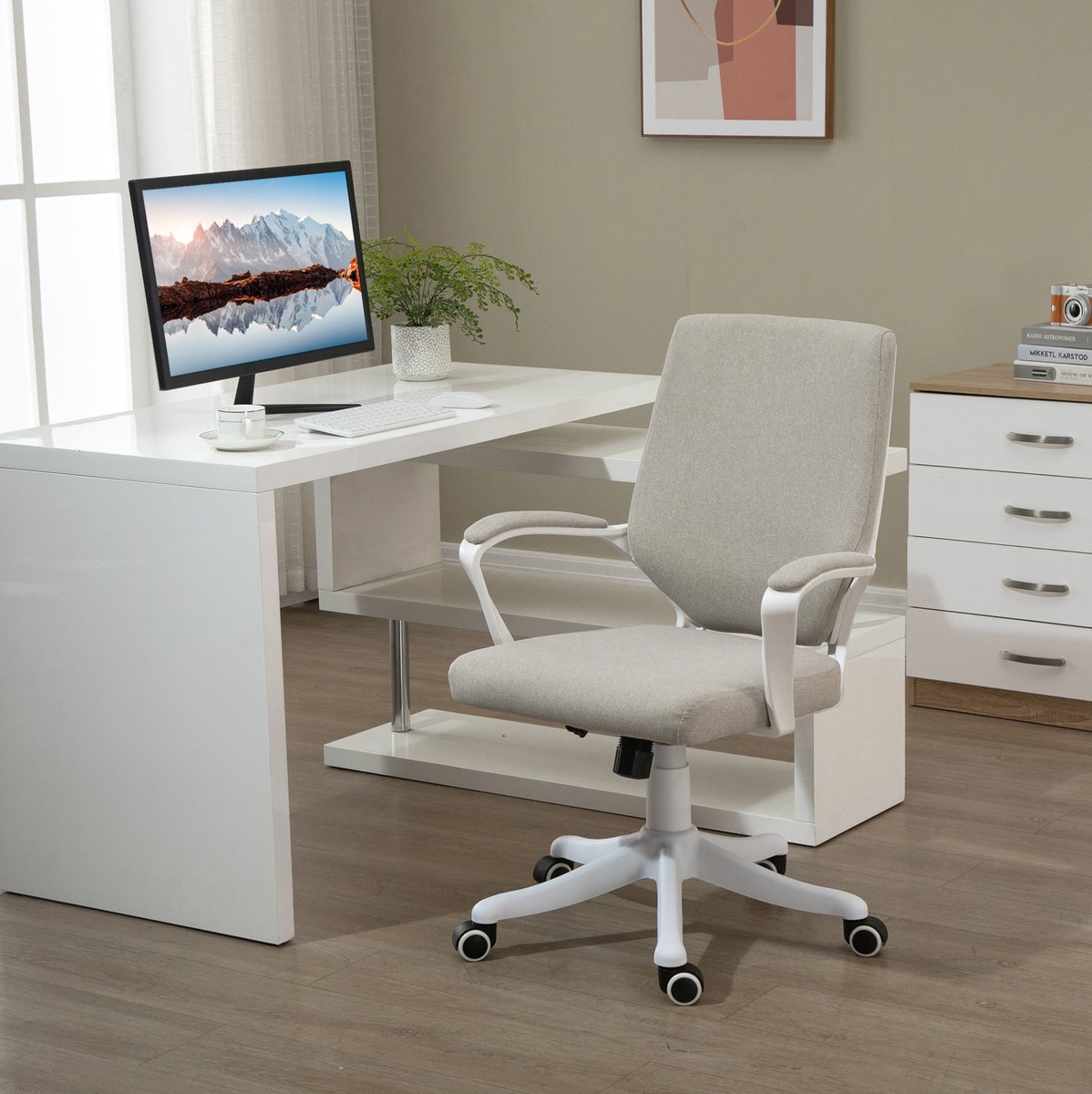 MEUNIQ ergonomische bureaustoel met lendensteun, verstelbare zithoogte 44-52 cm, draaibaar met wielen en schommelfunctie, 62 x 69 x 92-100 cm, beige