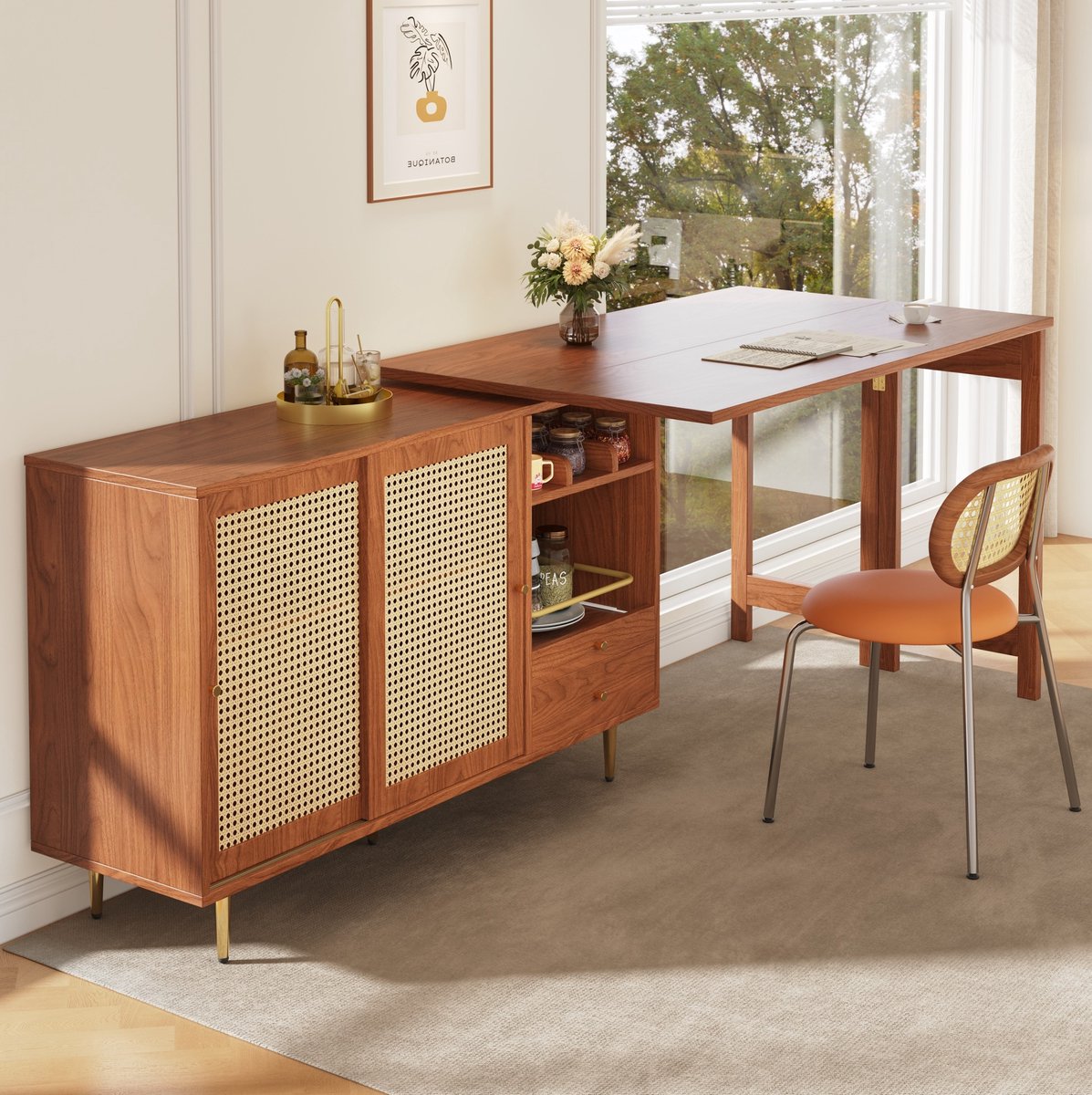 DESMIU Bartafel - 360 Graden Draaibaar En Uitschuifbaar Met Opbergkast - Voor Keuken En Eetkamer - MDF - 187x40x76 Cm - Bruin