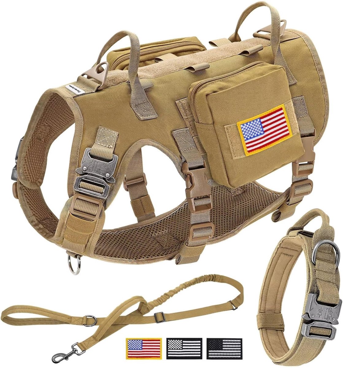 Thijox - Tactisch Hondenvest Harnas voor Grote en Middelgrote Honden, Anti-Trek, Bungee Hondenriem Set, Bruin, Voor Training en Controle, 6 Kleuren Be