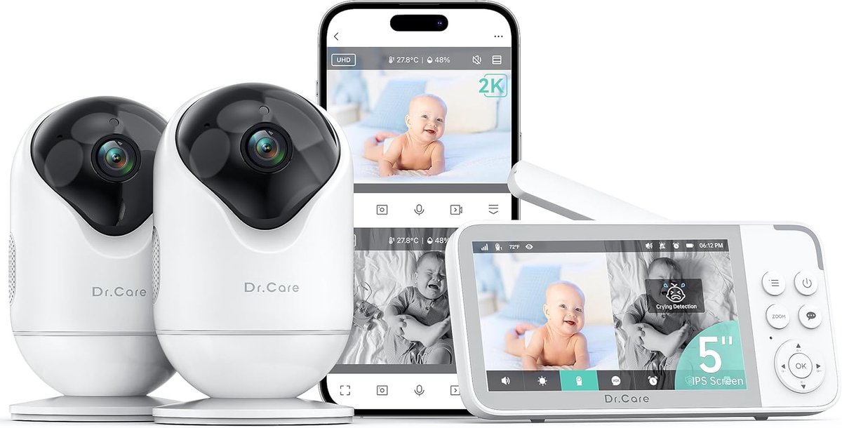 Thijox - VistaView Smart WLAN Babyfoon met Camera, 5 Inch, 1080p HD & 2K Camera, App-Bediening, Bewegings- en Huilalarm, Nachtzicht, 5000 mAh, Twee-We