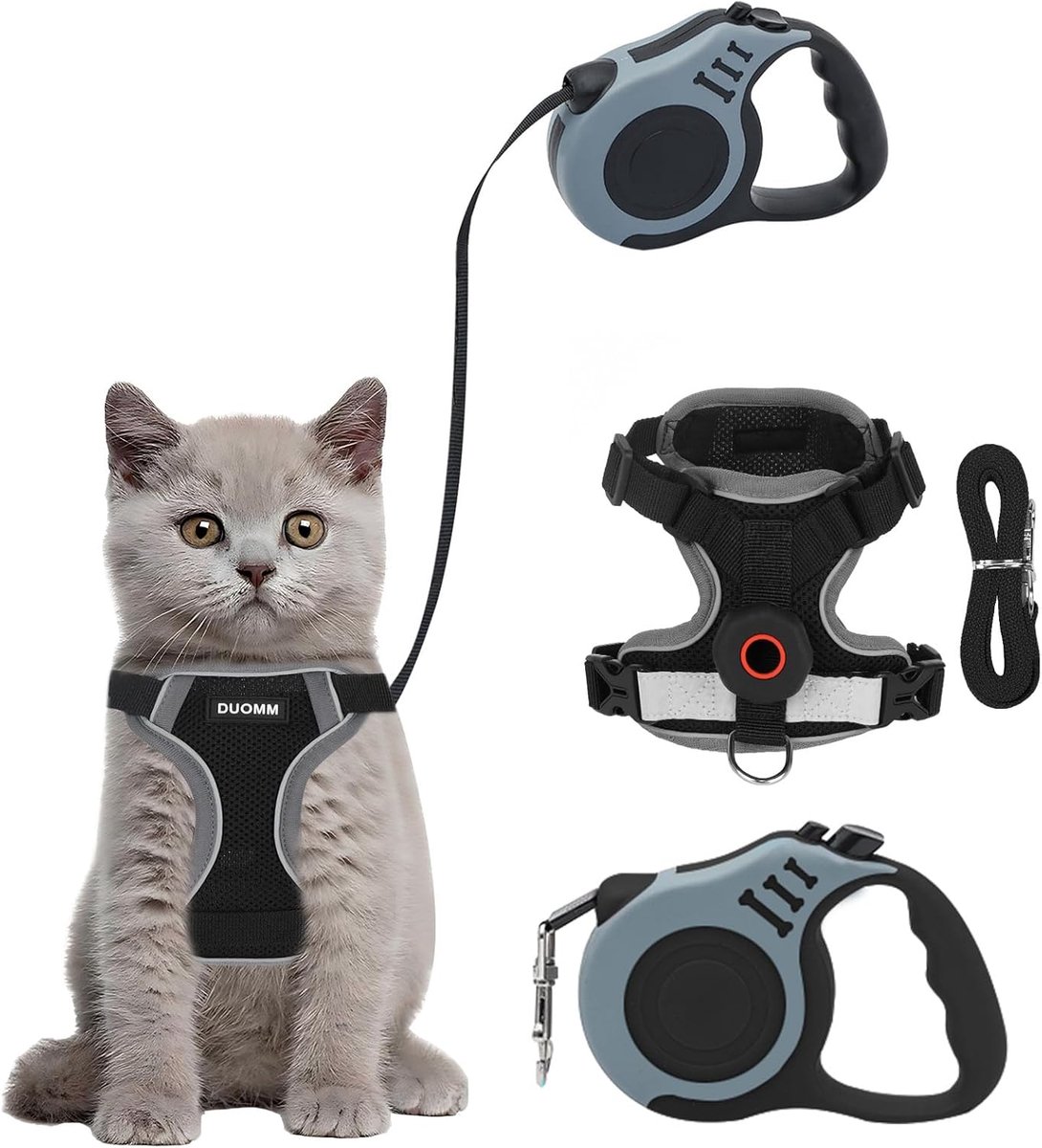 Thijox - Kattentuigje met Lijn Set | Uitbraakbestendig Kattentuigje voor Kat en Hond | 5m Verstelbare Kattenweste | Zwart met Tracker Houder M