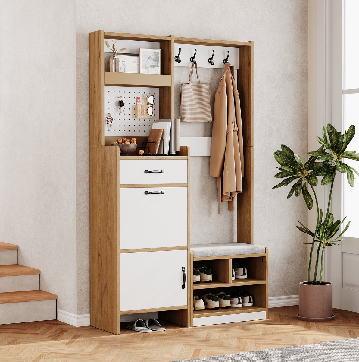 MIVRAY Schoenenkast - Halmeubel Met Zitbank En Kapstok - Opbergruimte Voor Gang En Entree - Spaanplaat Wit En Eikenlook - 108,5x35x180 Cm