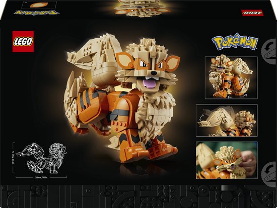 LEGO Arcanine met oranje en beige blokken, met de tekst LEGO en Pokémon.