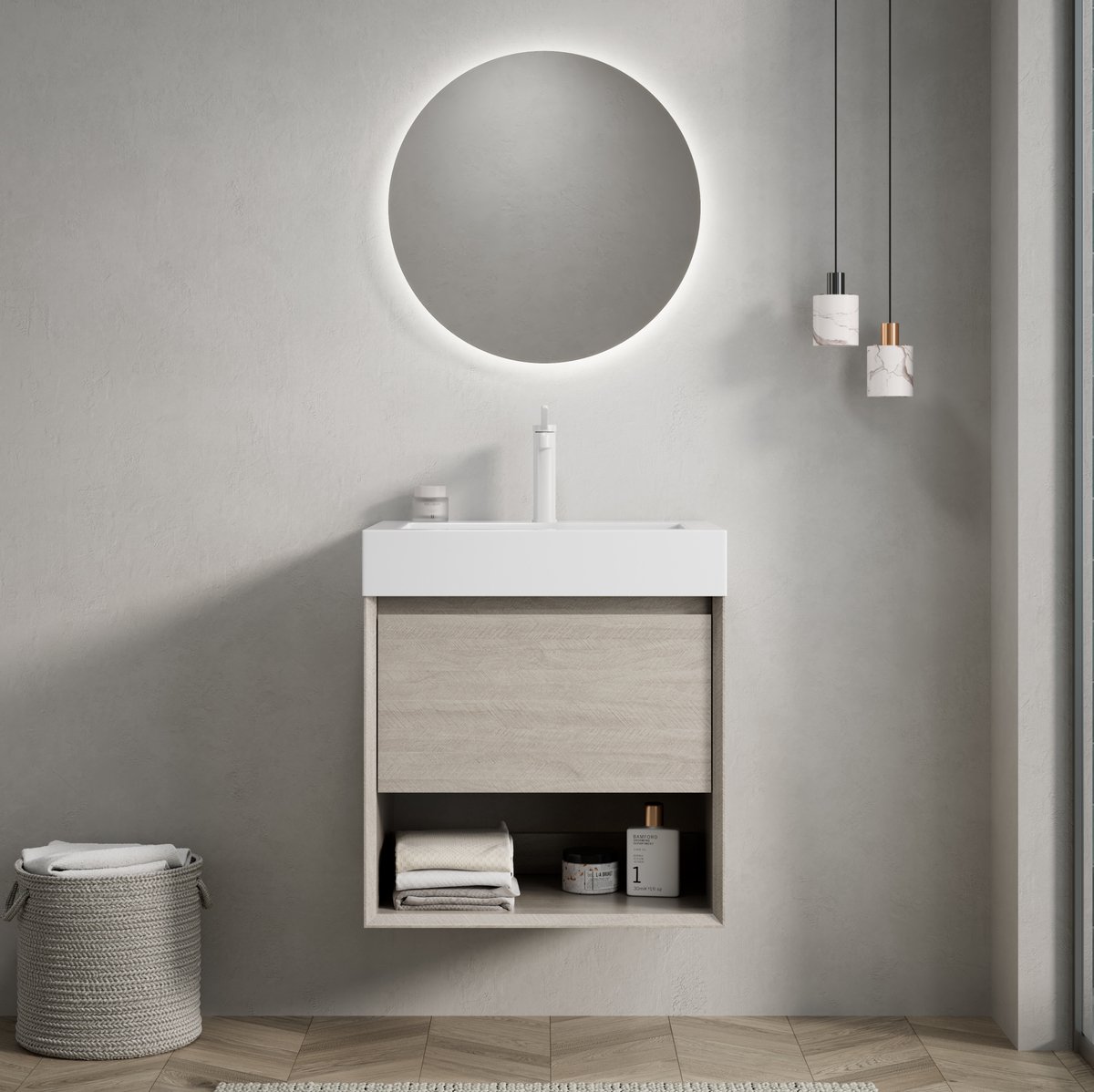 MIVRAY Badkamermeubel - Wandhangend Wastafelmeubel Met Geintegreerde Witte Wastafel - 1 Lade En Open Vak - Licht Eiken - 55 Cm