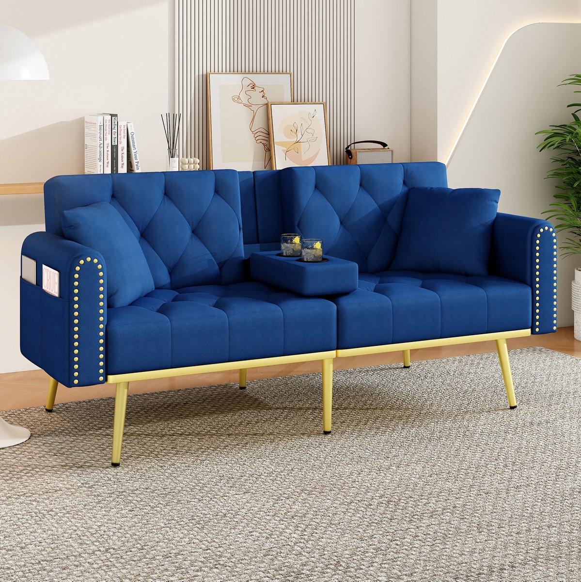 FloraGrace Slaapbank – 175 x 80 x 73,5 cm – Uitklapbaar Met Drie Rugstanden En Drankhouder – Voor Woonkamer Of Logeerkamer – Fluweel – Blauw