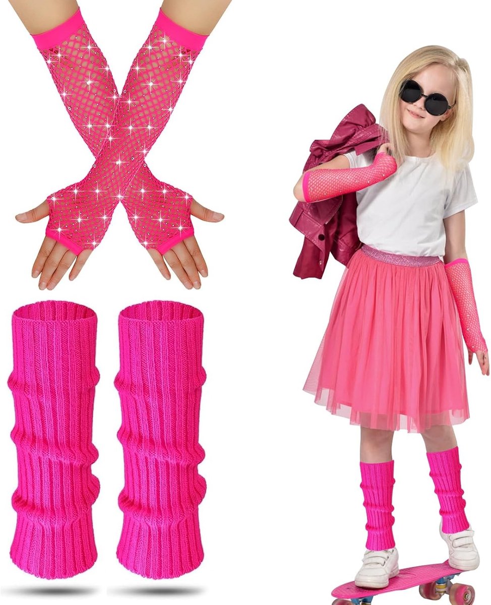 Kleurige Beenwarmers voor Kinderen met Neon Visnet Handschoenen - 80s Kostuum Accessoires voor Meisjes, Perfect voor Feestjes en Thema's