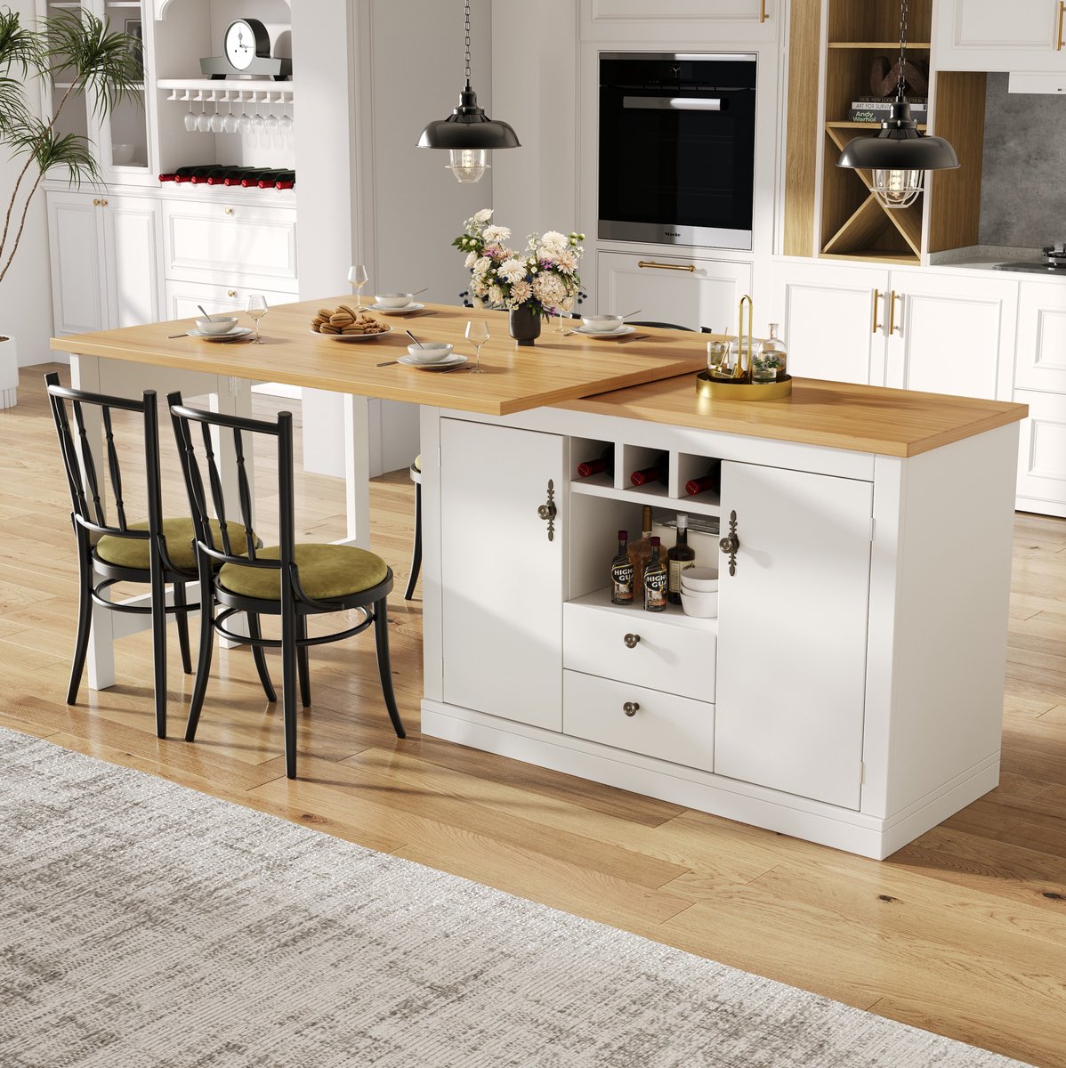 DESMIU Bartafel - Uitschuifbaar Met Opbergruimte - Voor Woonkamer, Eetkamer En Thuiswerkplek - MDF - 120-180 x 40 x 76 Cm - Wit Naturel