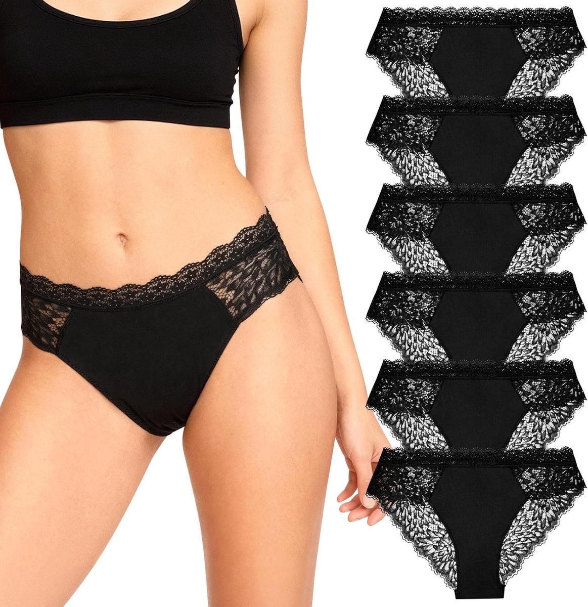 Set van 6 zwarte damesslips met kanten details, comfortabel en ademend, maat M