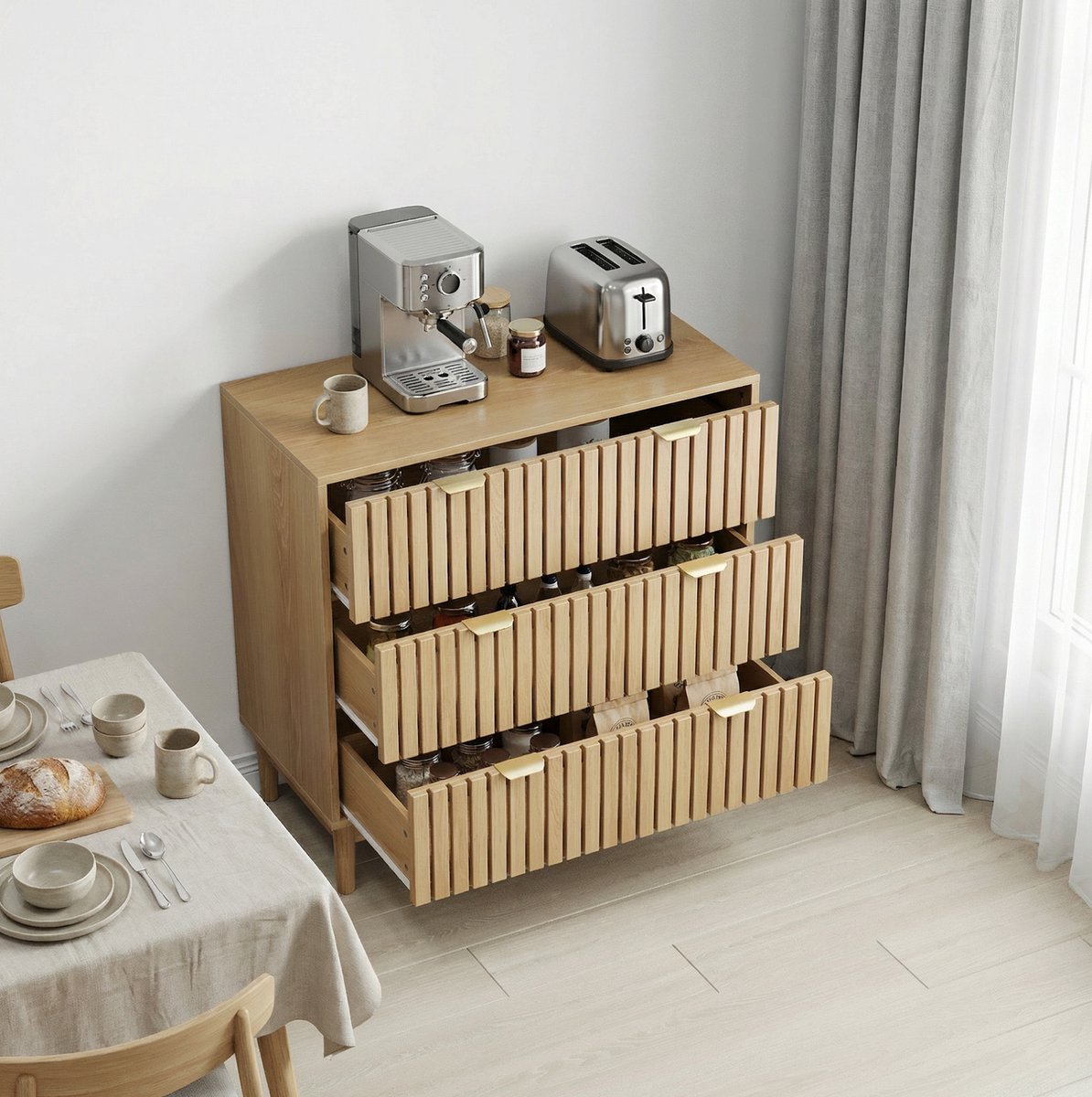 MEUNIQ dressoir 80 x 39 x 80 cm met 3 lades en verticale frontdetails, opbergkast voor woo